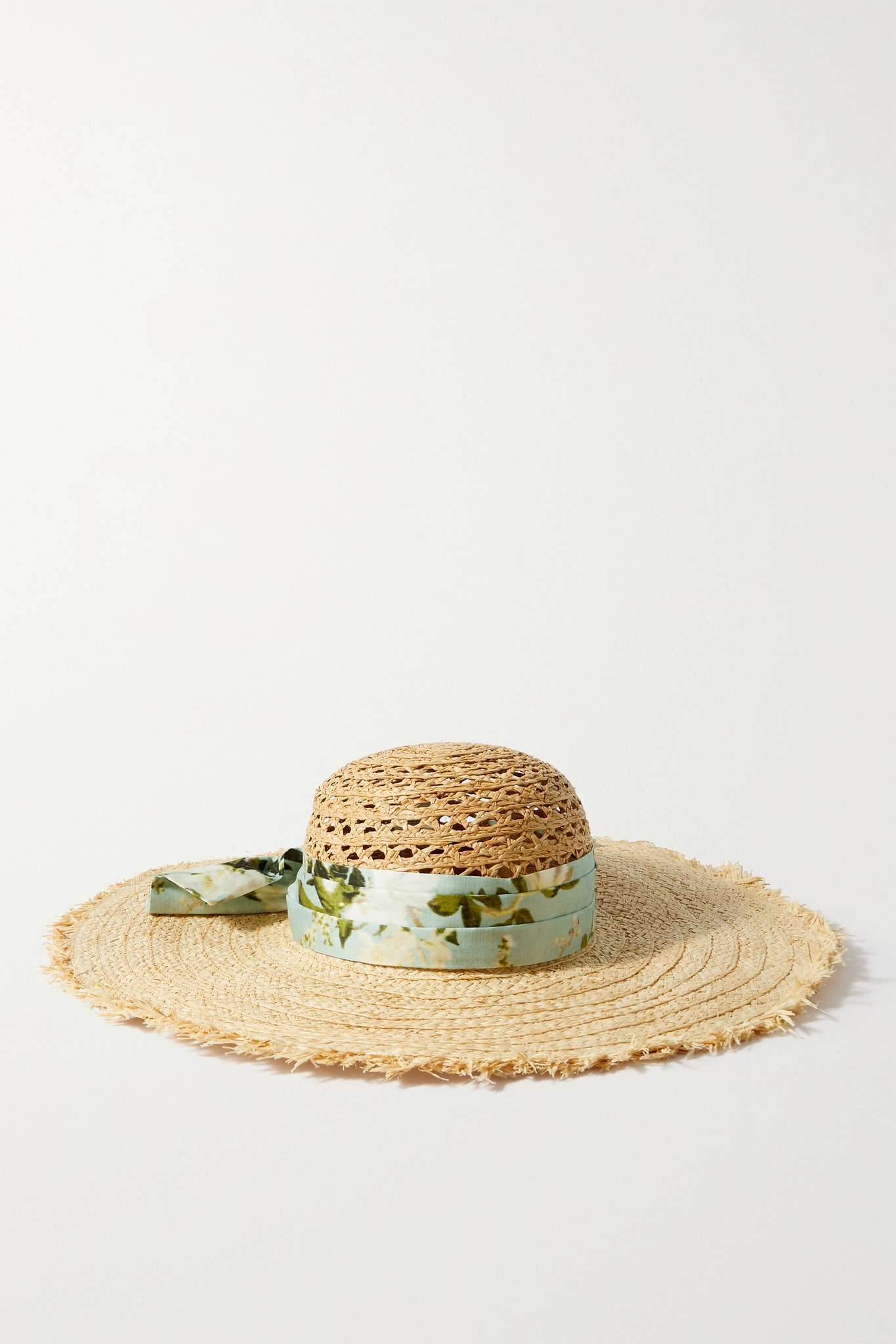 Floral-print cotton-trimmed raffia sunhat - 1