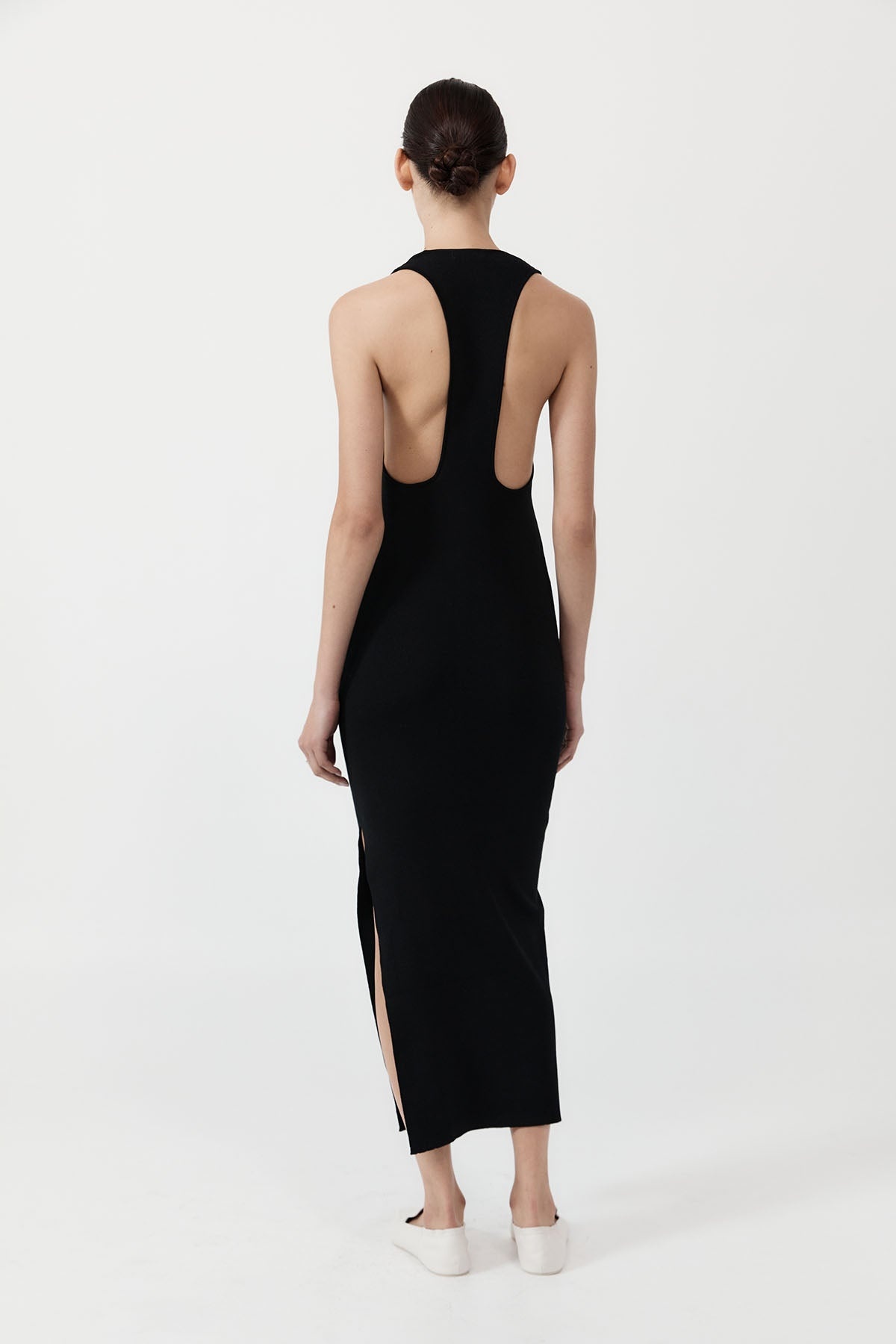 Plunge Neck Knit Dress - Black - 4