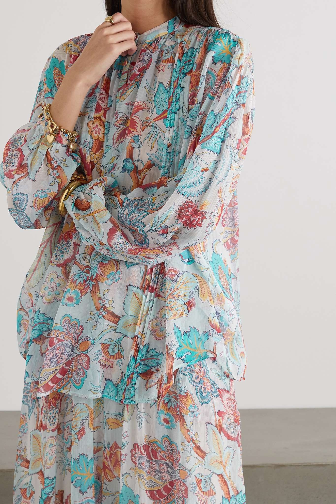 Pleated floral-print silk-chiffon blouse - 3