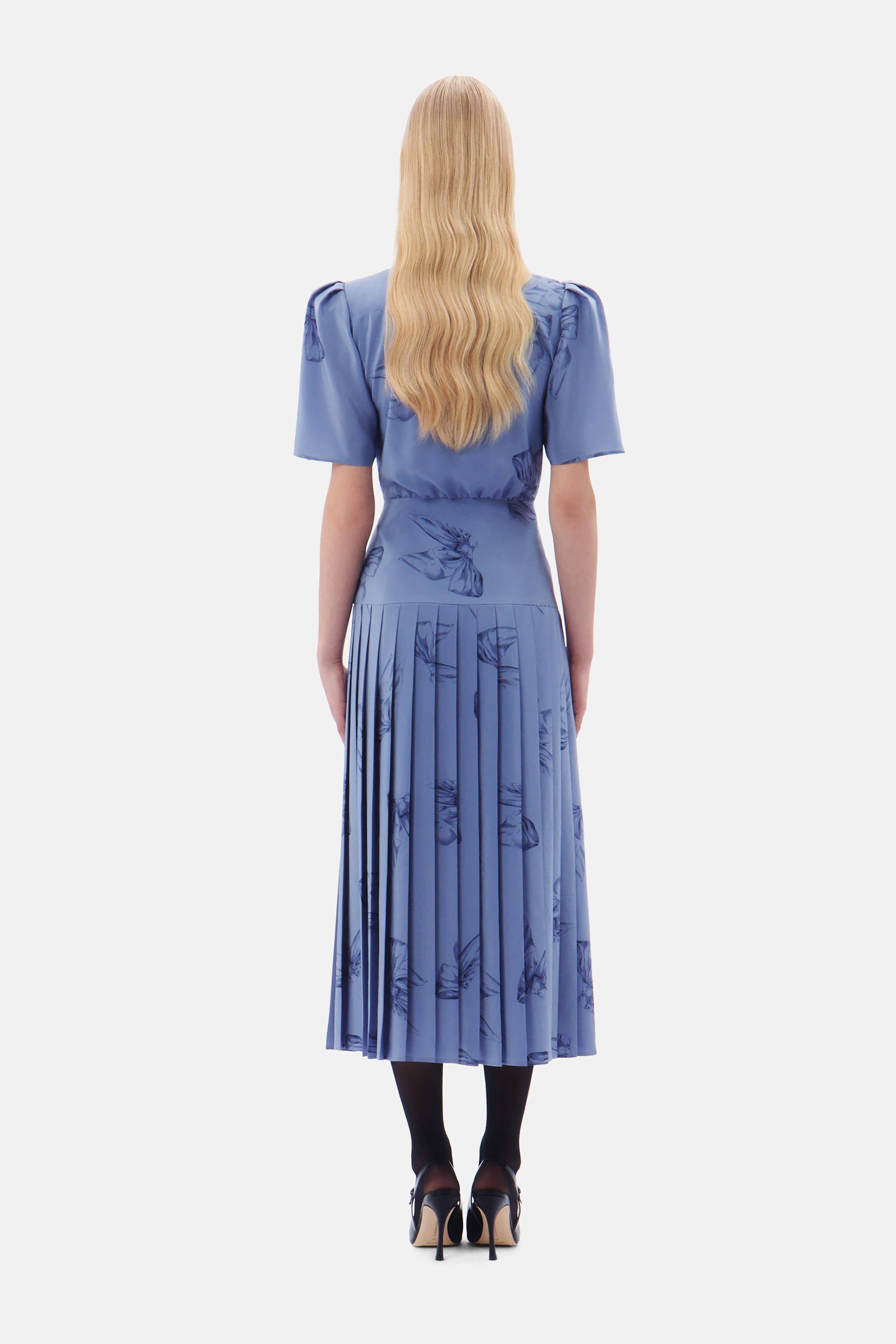 BOW PRINT SILK PLEATED DRESS WITH BOW - 5