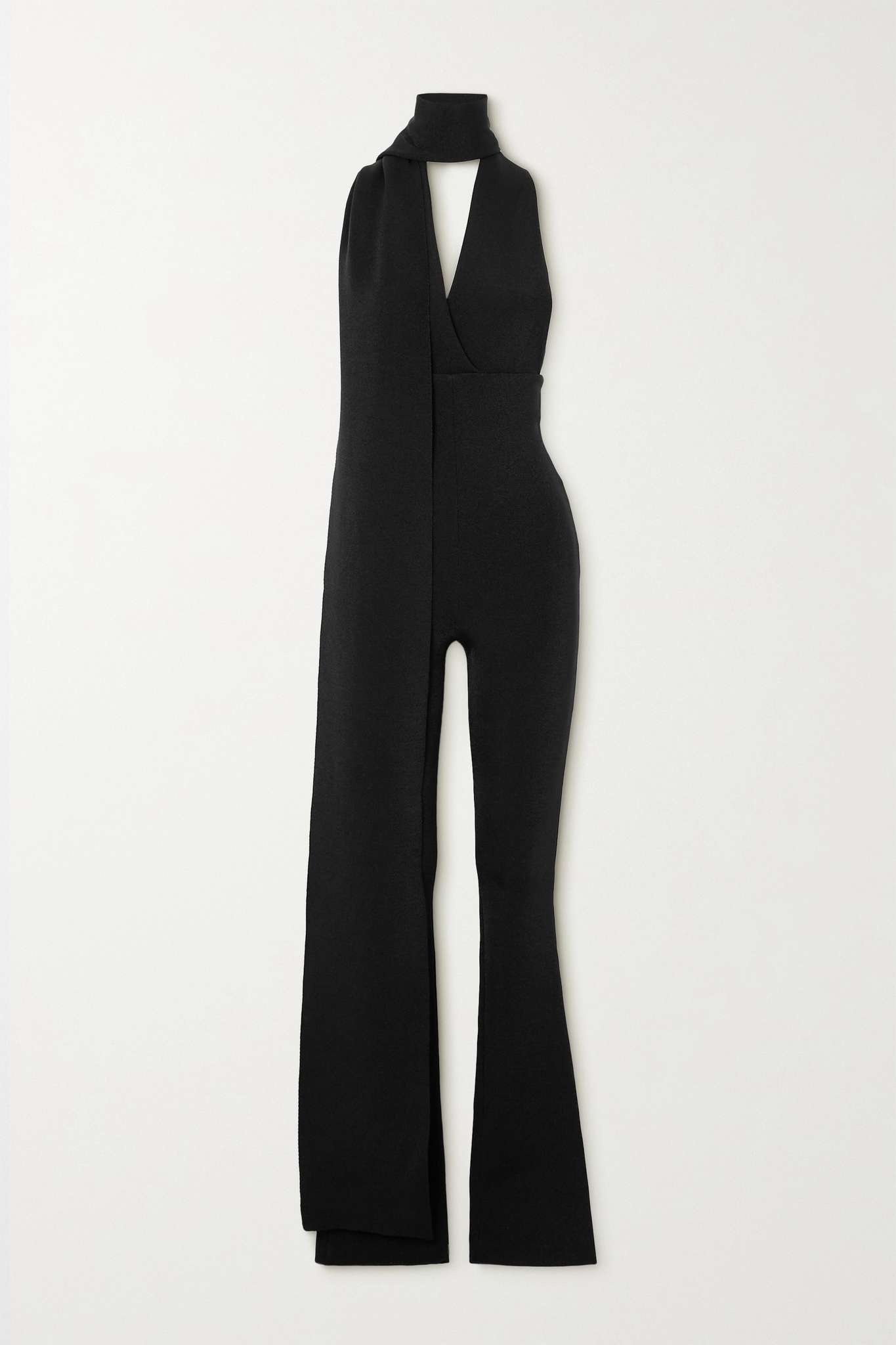 Scarf-detailed metallic wool-blend halterneck jumpsuit - 1