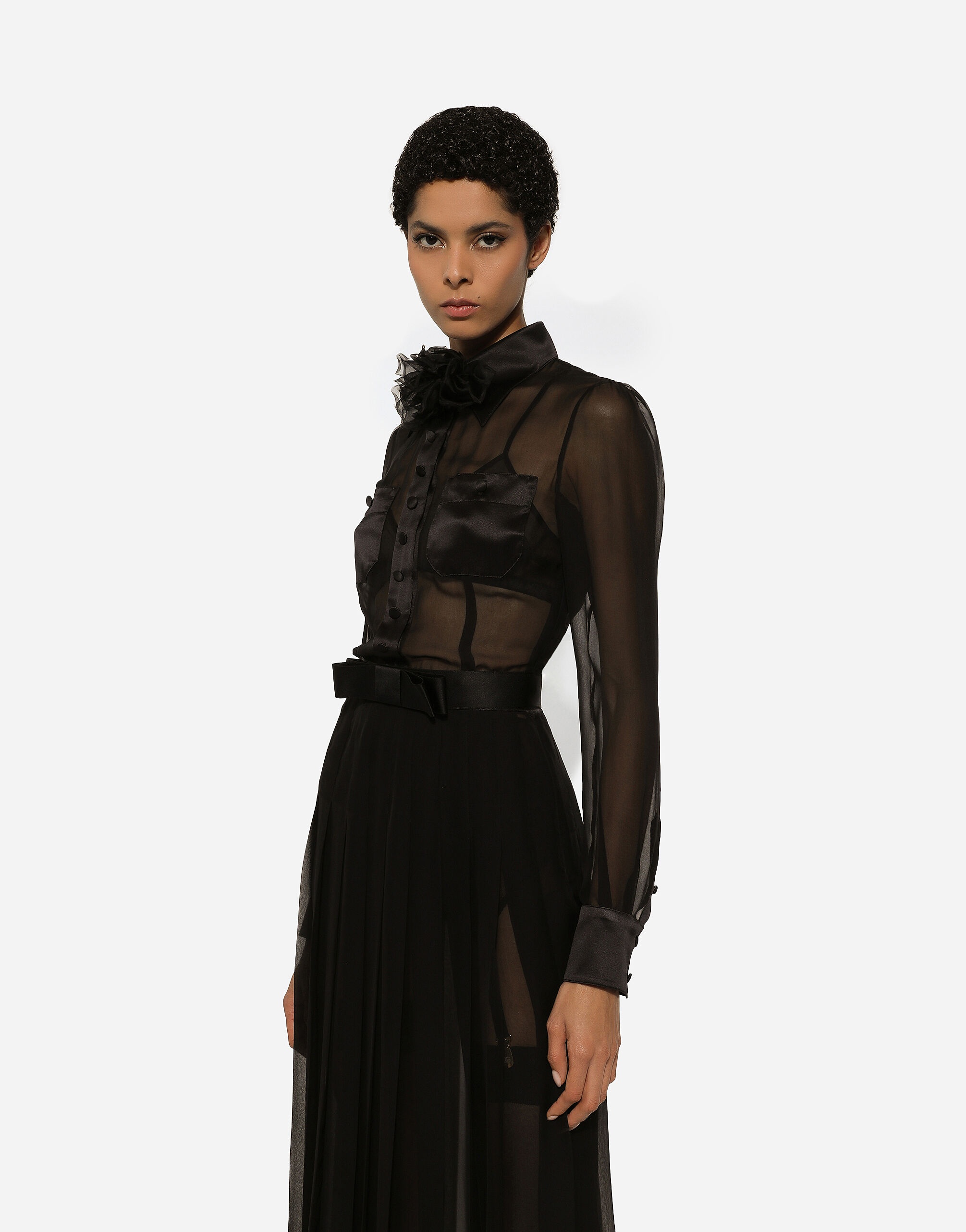 Chiffon calf-length shirt dress with satin details - 7