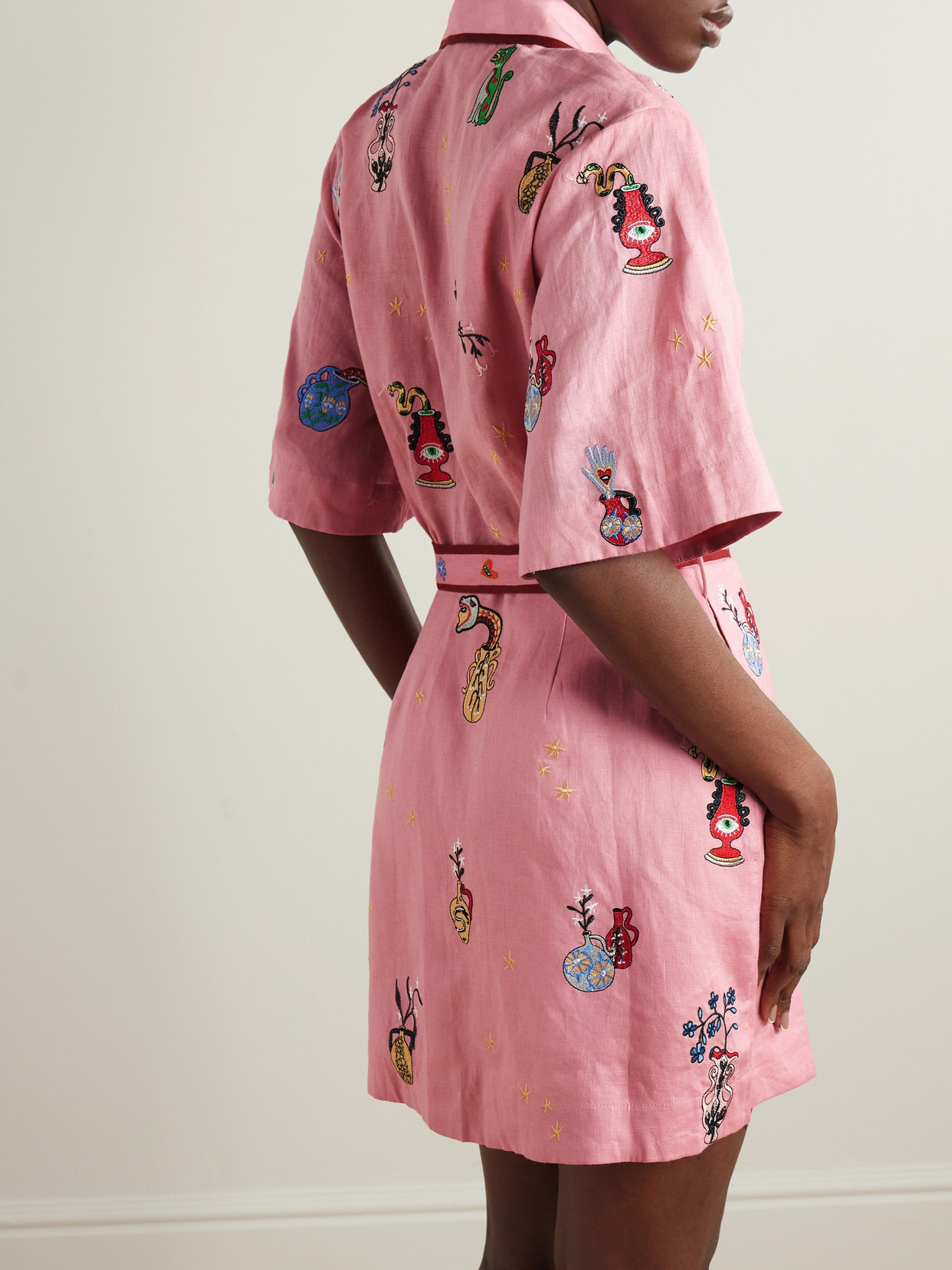 + Nadia Hernandez Timmy Belted Embroidered Printed Linen Mini Shirt Dress - 3