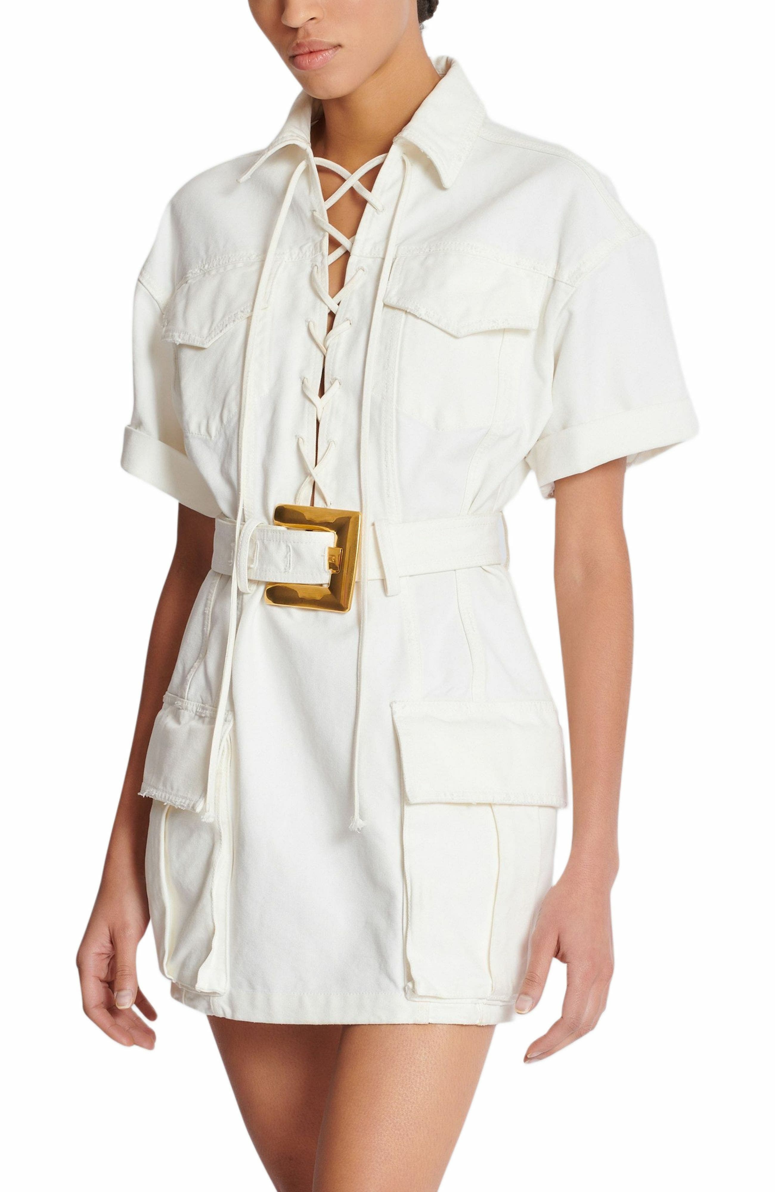 Balmain Short lace-up canvas dress in White at Nordstrom - 4