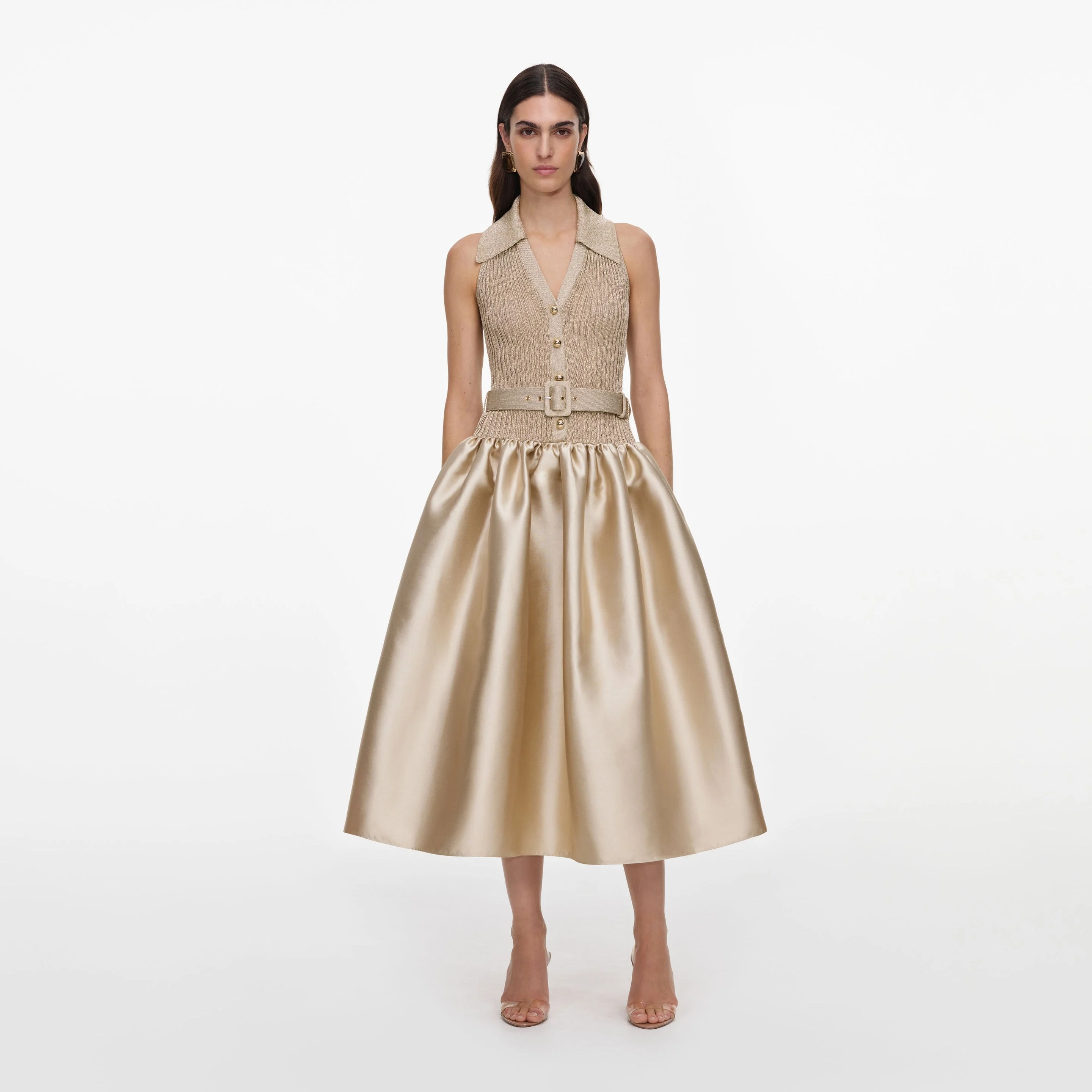 Gold Sleeveless Knit Taffeta Midi Dress - 1