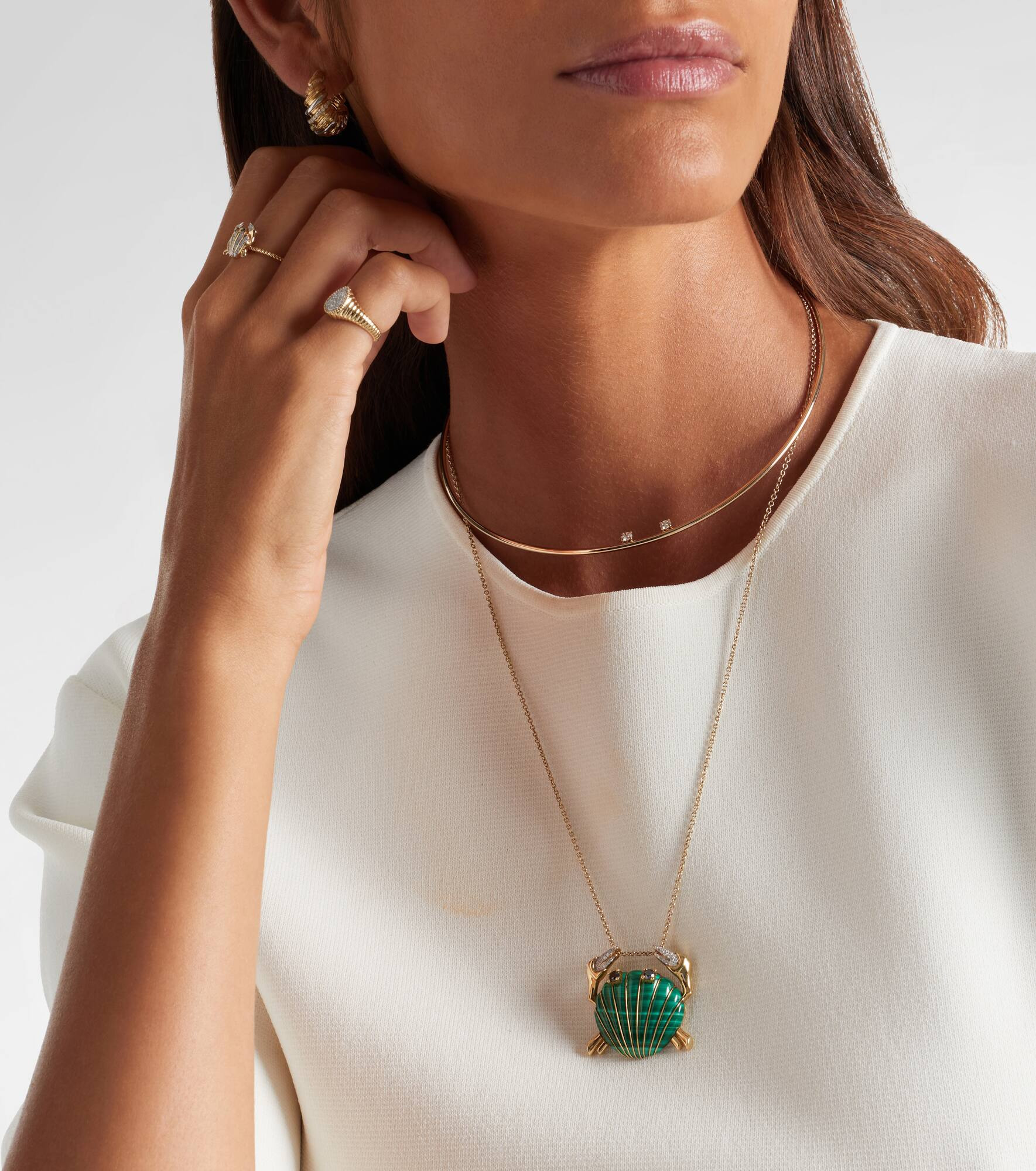 Crabe Coquillage 9kt gold pendant necklace with malachite and diamonds - 2