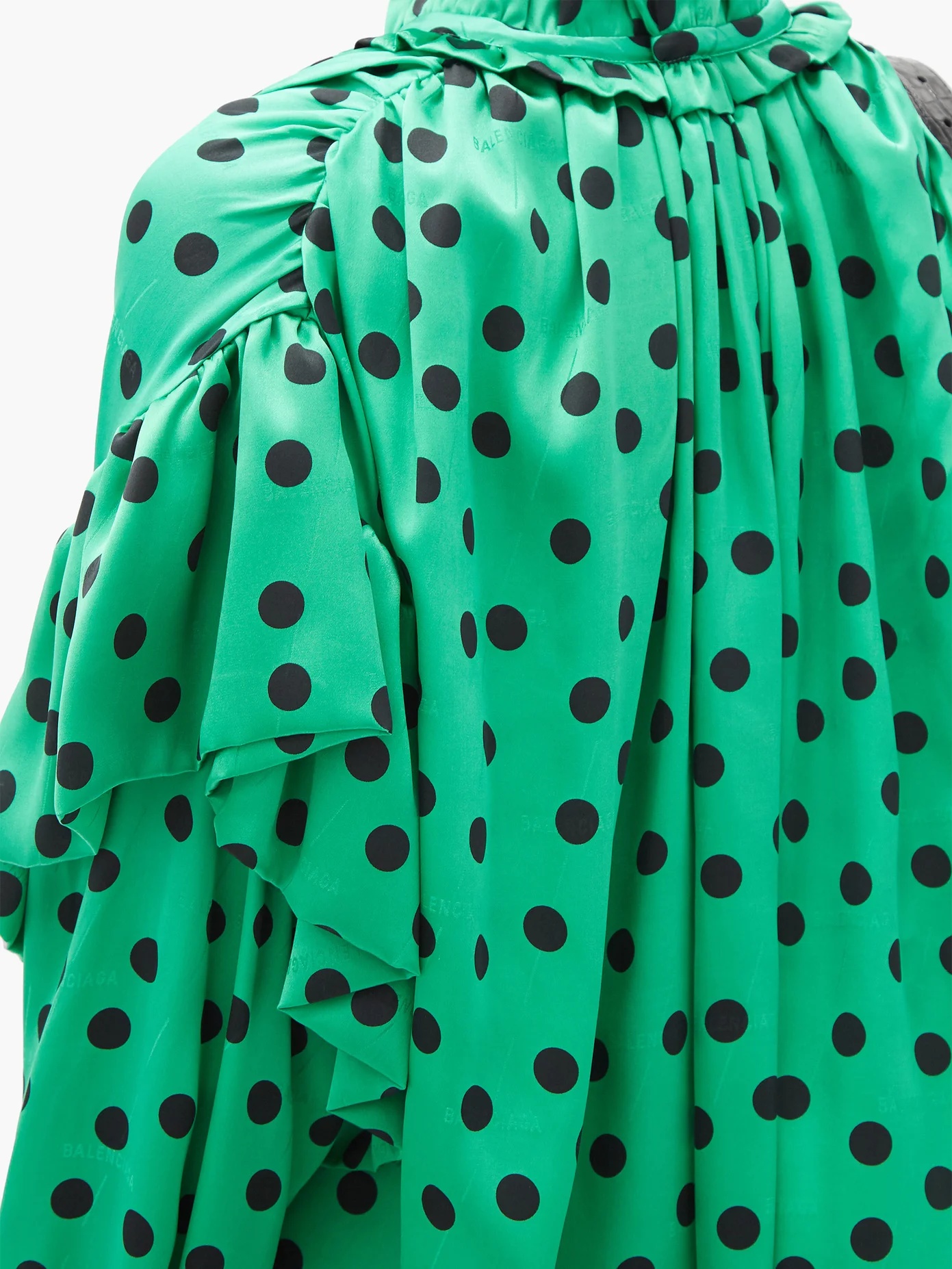 Polka-dot gathered silk-satin dipped-hem dress - 4