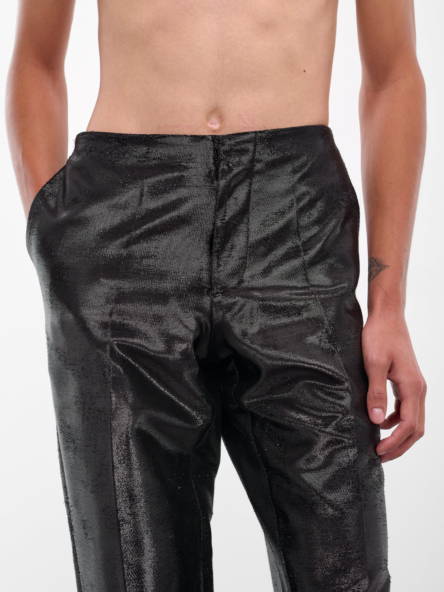 Black Distressed Jacquard Shine Trousers - 4