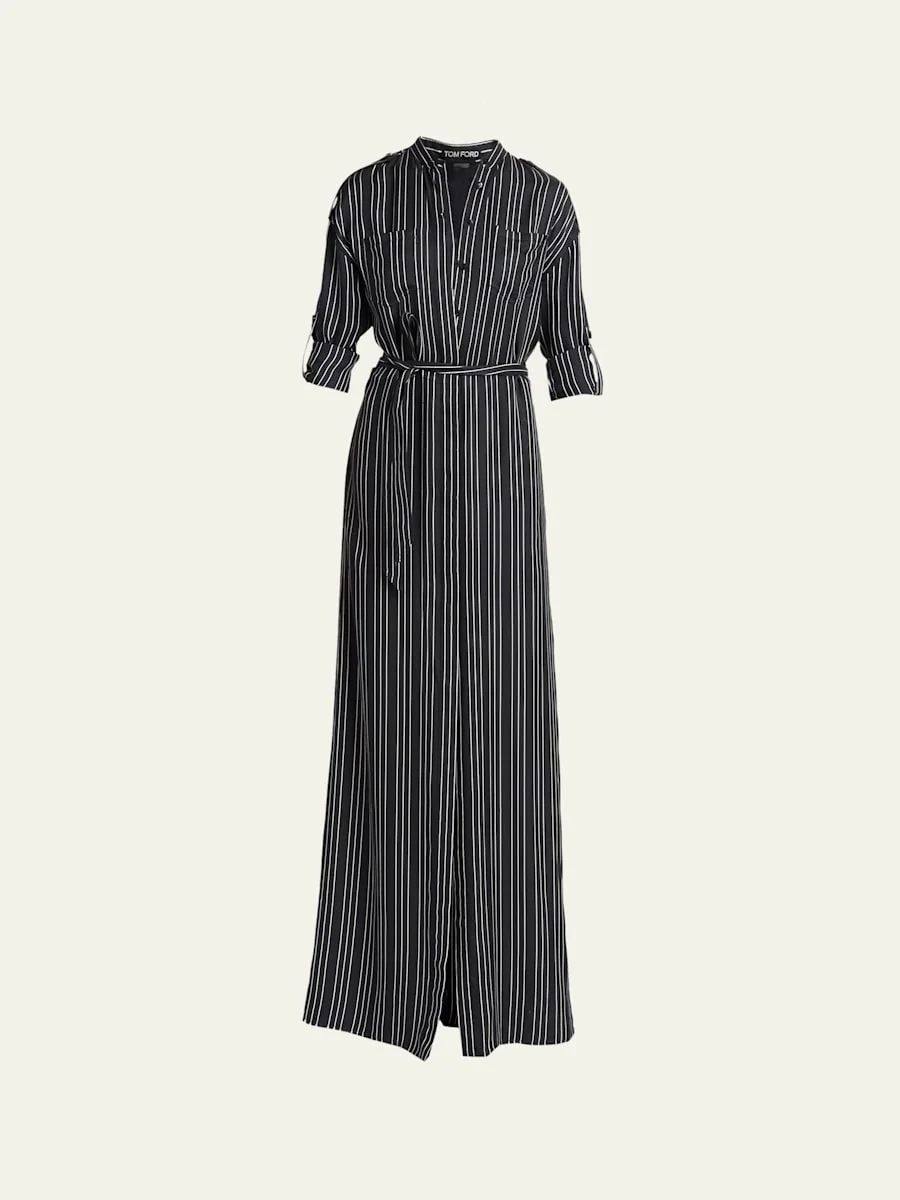 Striped Silk Long-Sleeve Belted Maxi Shirtdress - 1