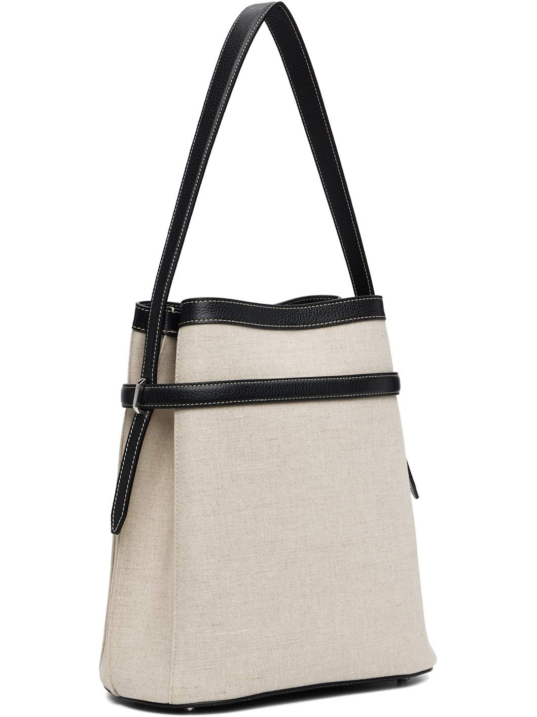 Beige & Black Belted Canvas Bucket Bag - 3
