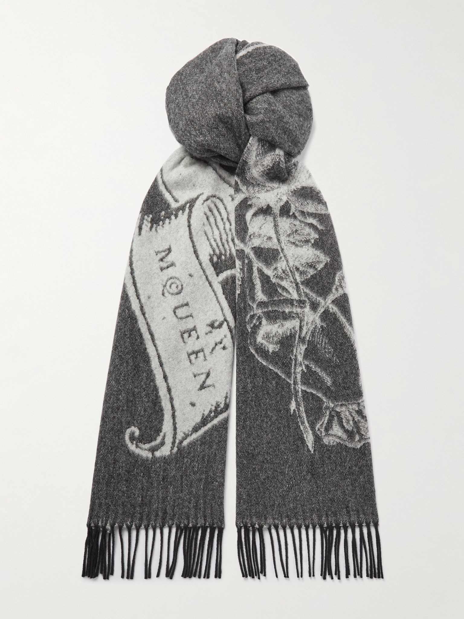 Fringed cashmere and wool-blend jacquard scarf Black - 1