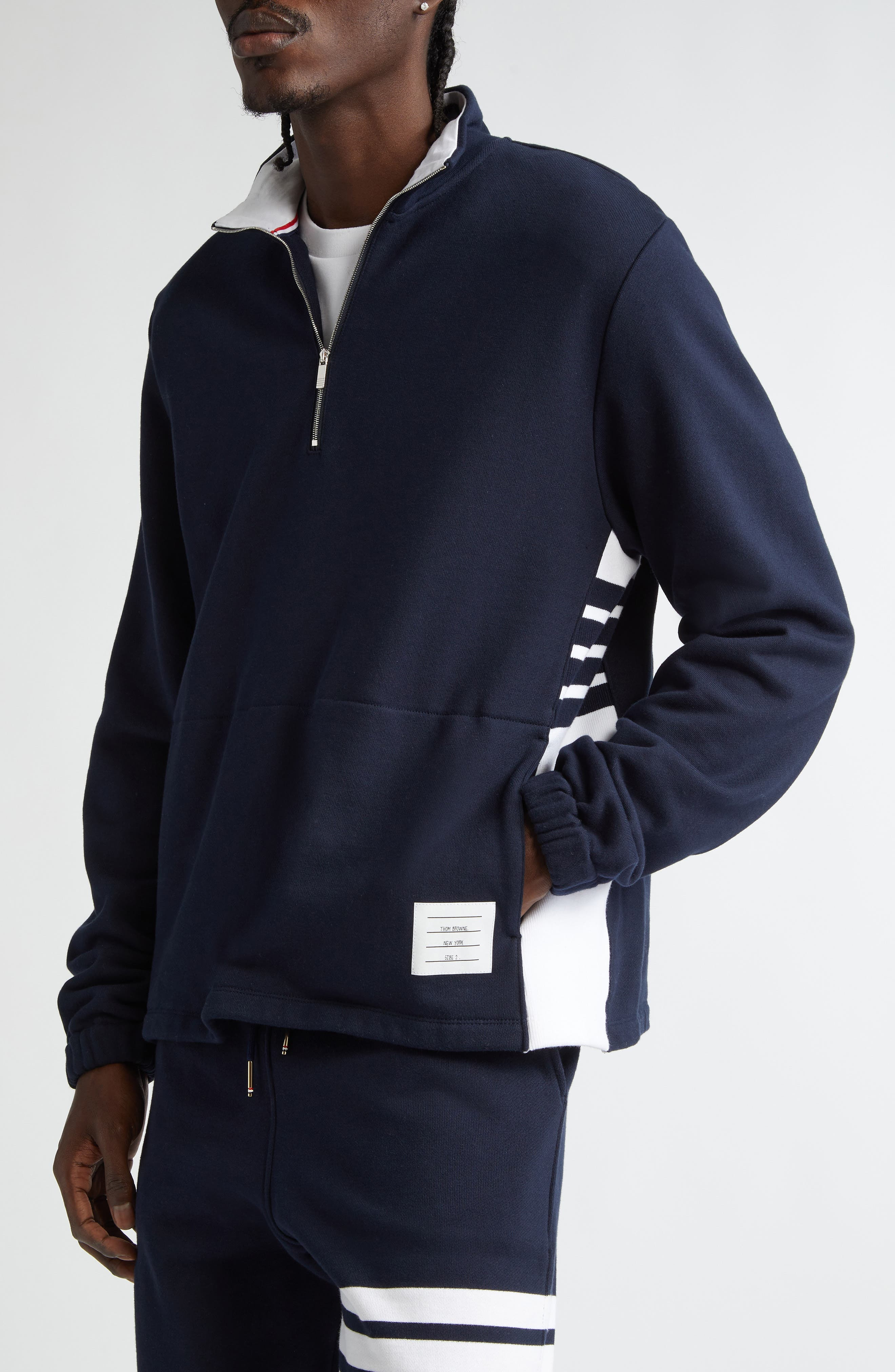 Thom Browne 4-Bar Stripe Funnel Neck Half Zip Sweatshirt in Navy at Nordstrom - 5
