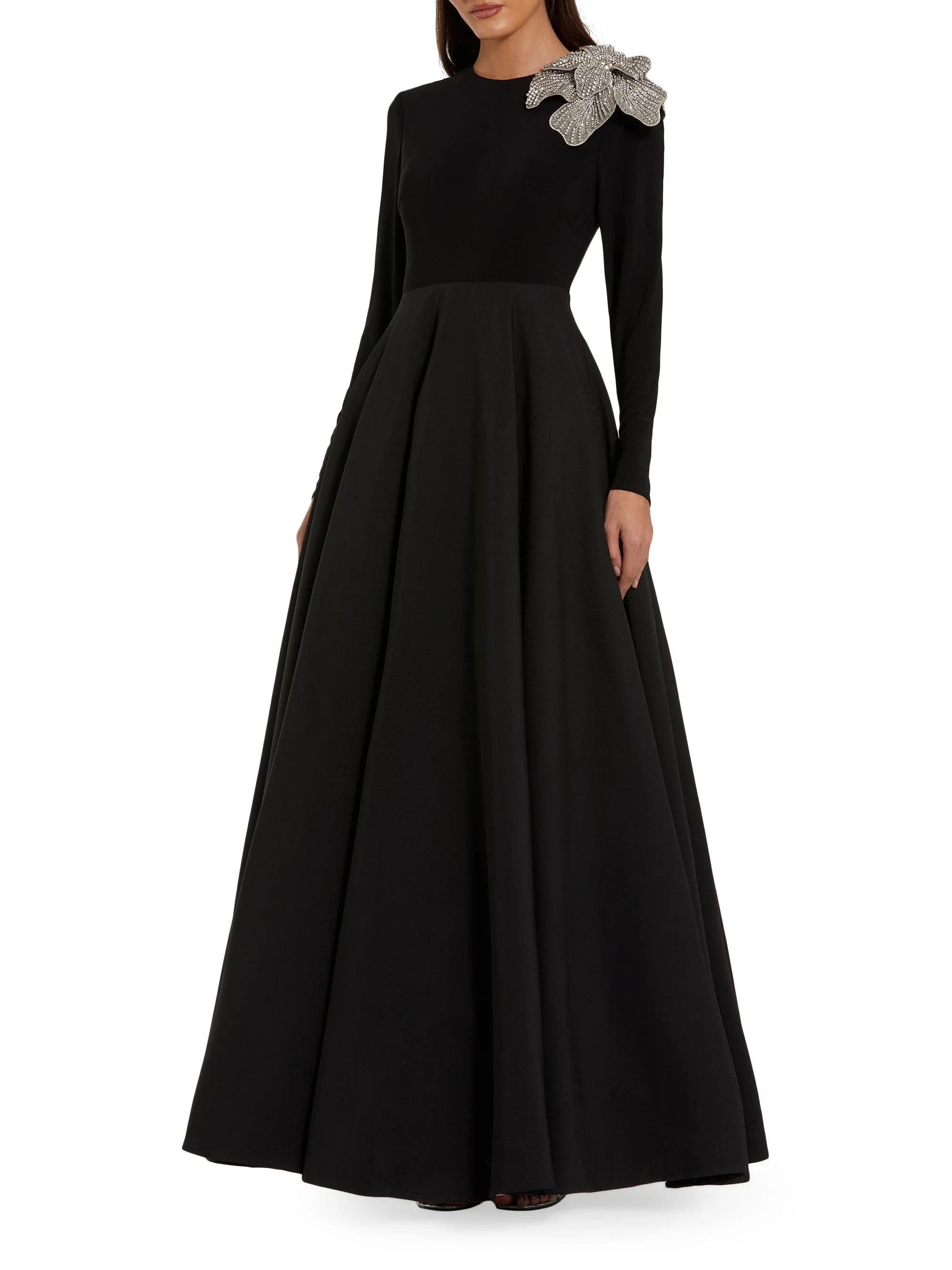 Women's Floral Appliqué Mix Media A-Line Gown - Black - 1