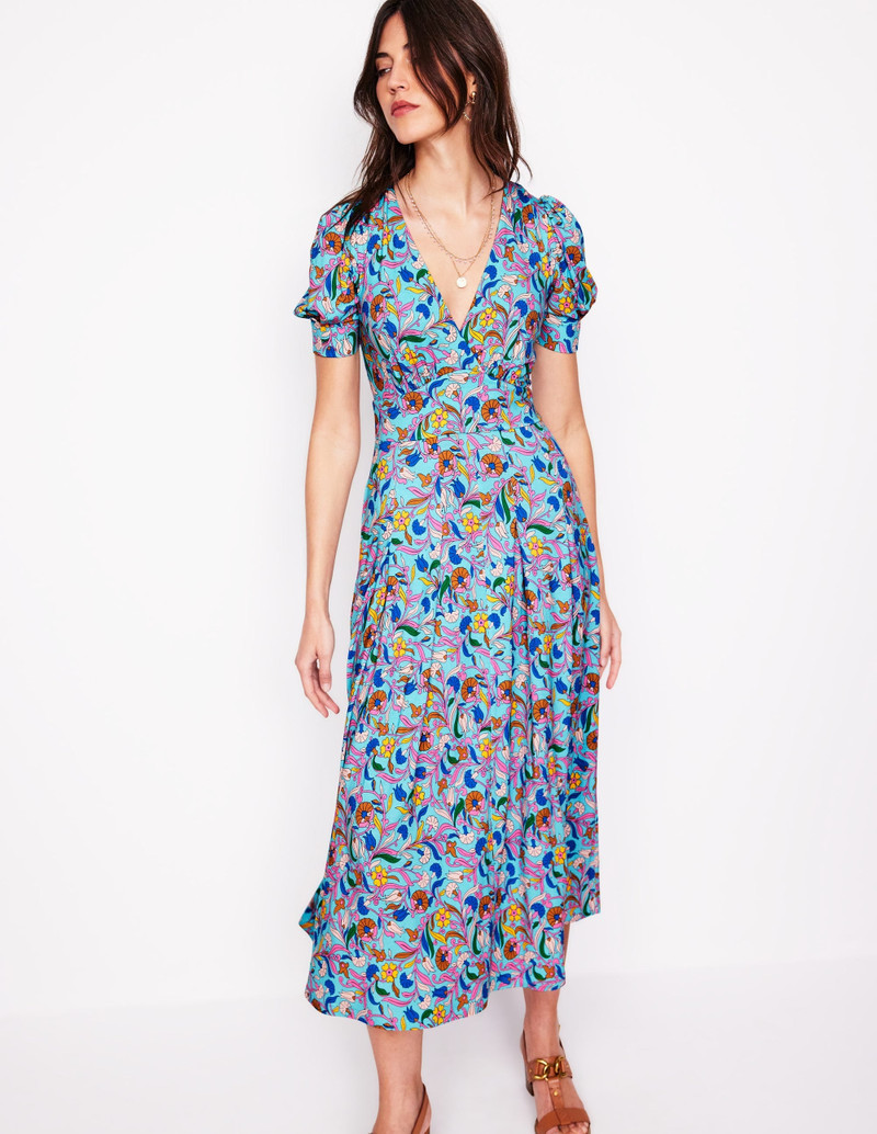 Kristen Pleated Jersey Dress-Blue, Enchanting Vine 5