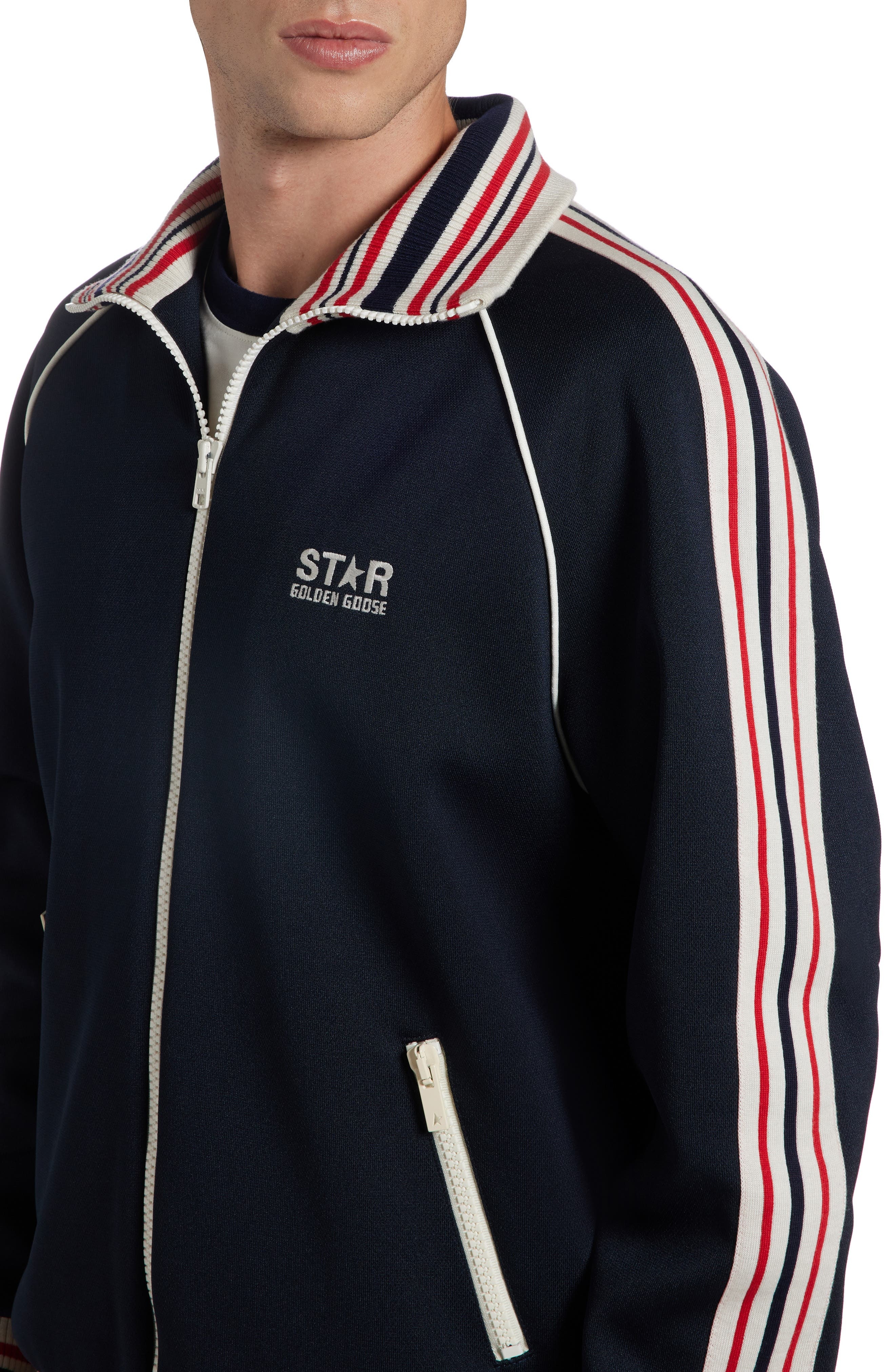 Golden Goose Stripe Trim Raglan Sleeve Track Jacket in Dark Blue/Papyrus at Nordstrom - 5