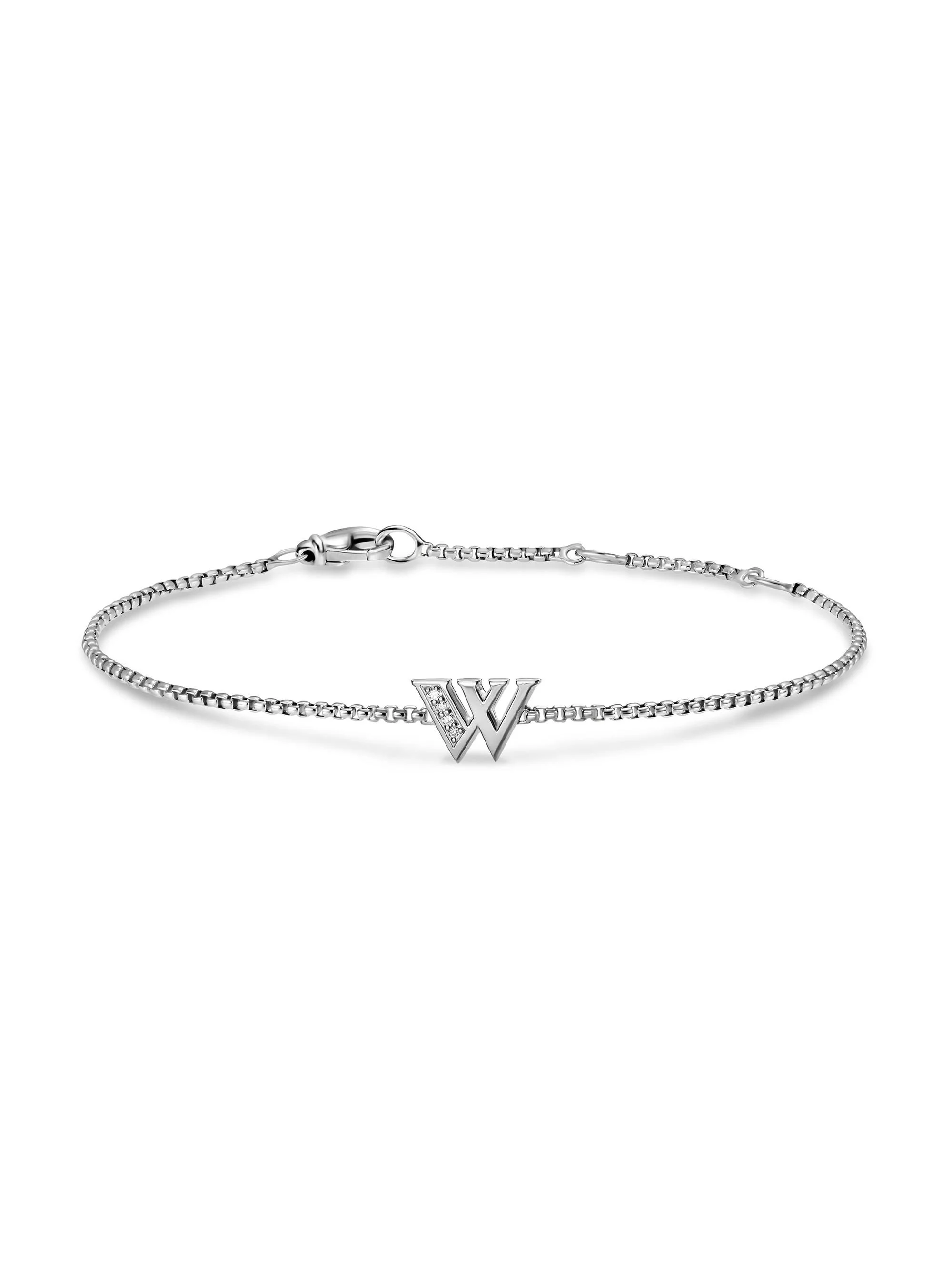 Women's Petite Initial Chain Bracelet in Sterling Silver - Diamond W - 1