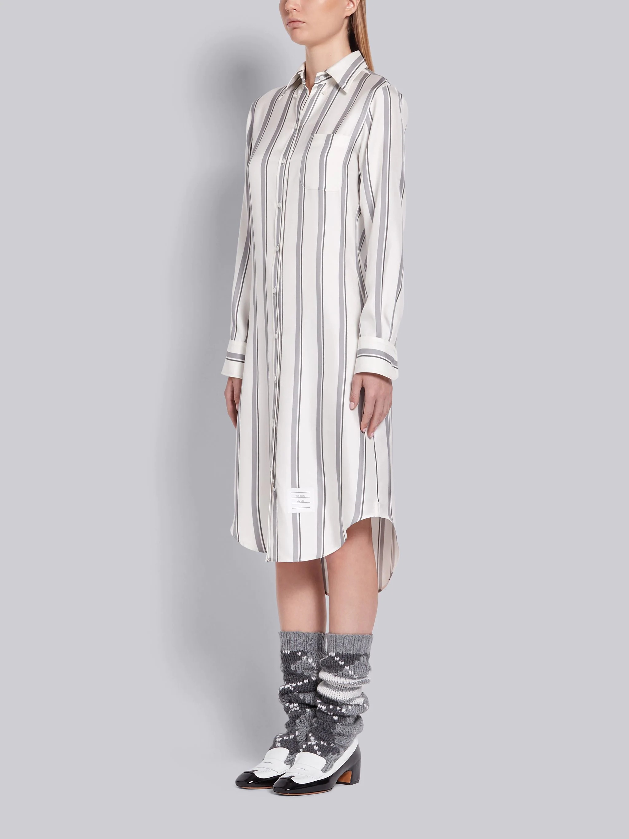 Medium Grey Silk Twill Bold Rep Stripe Long Sleeve Shirt Dress - 8