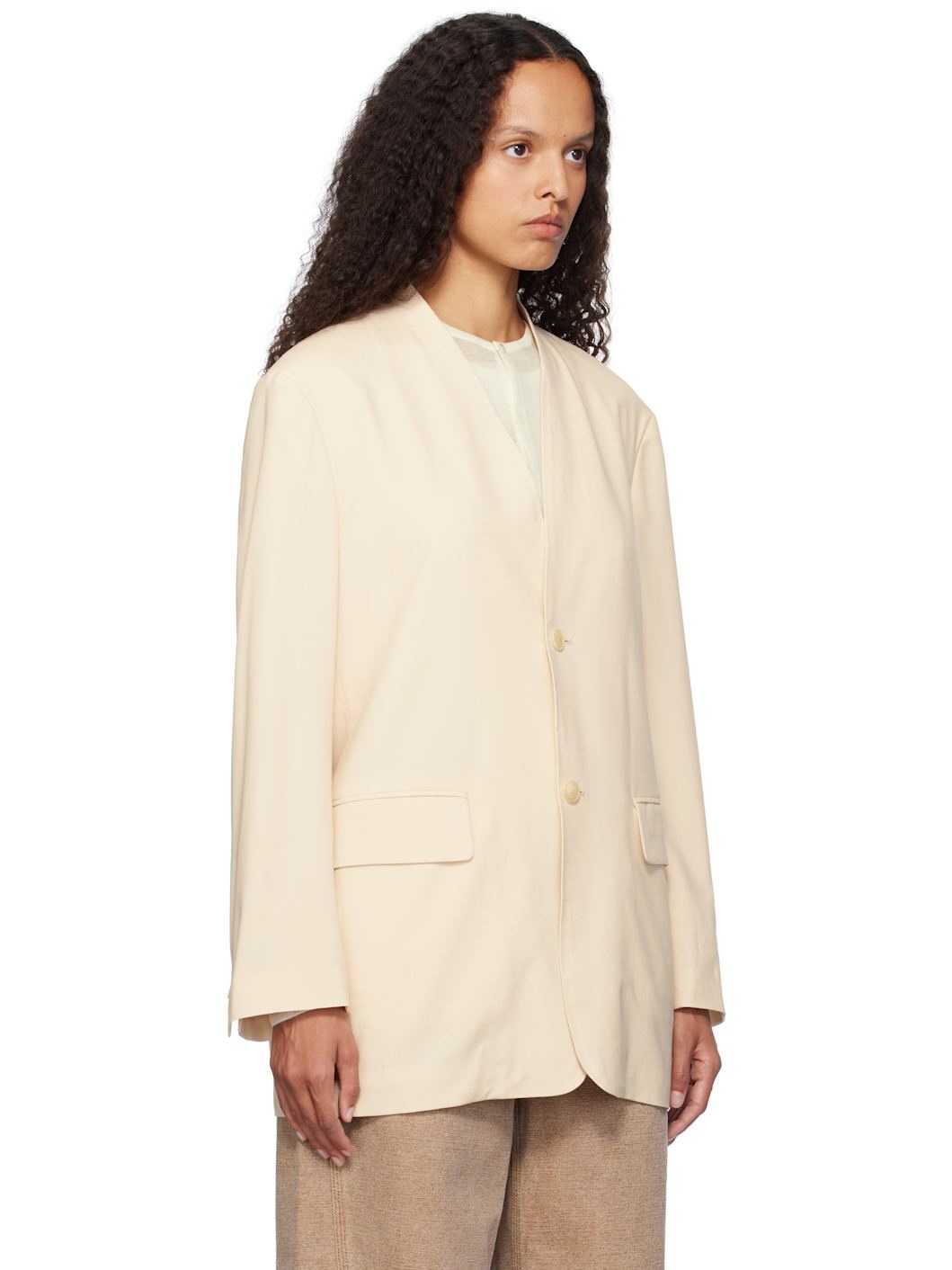 Beige Tropical Wool No Collar Blazer - 2