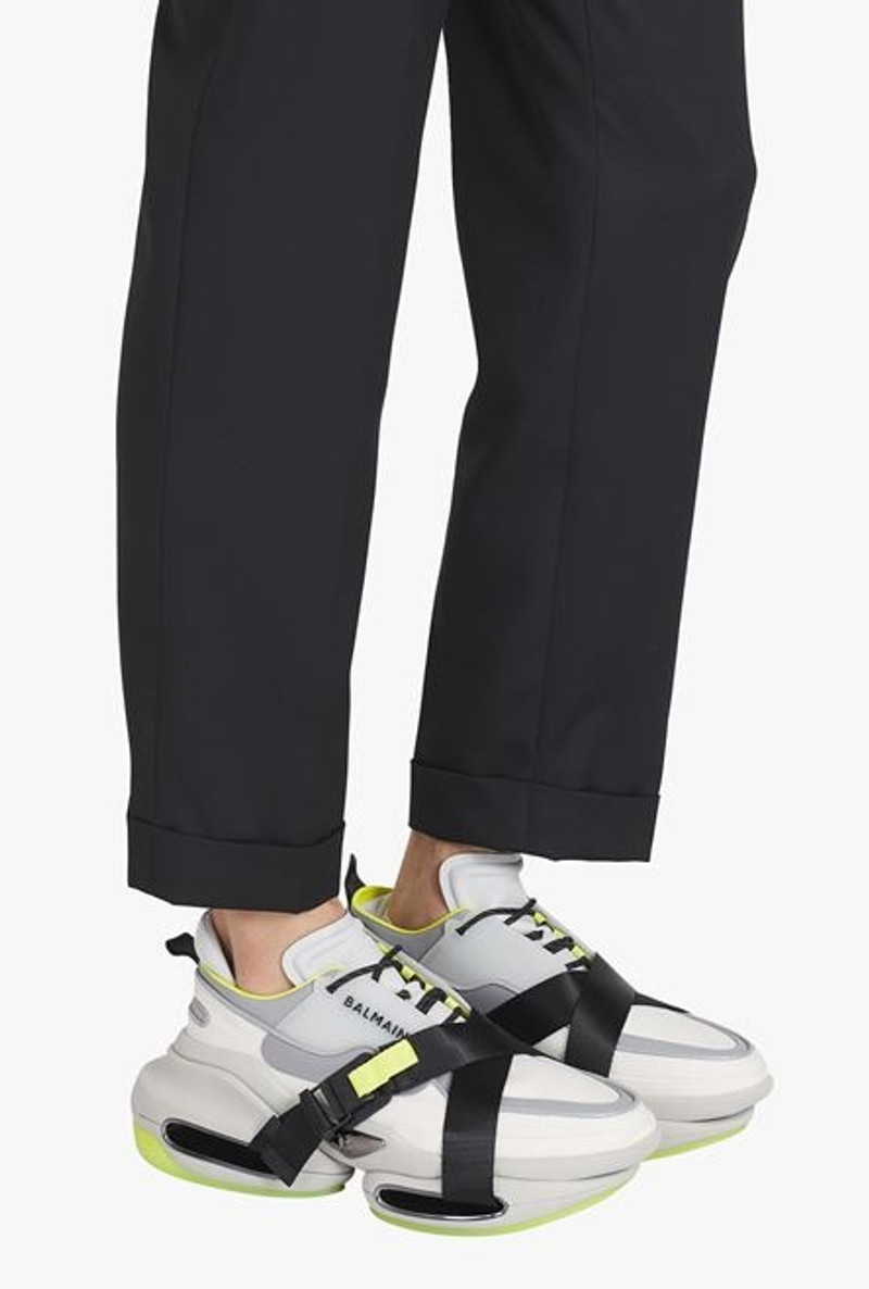 Balmain White and neon yellow leather and knit B-Bold low-top sneakers with straps outlook