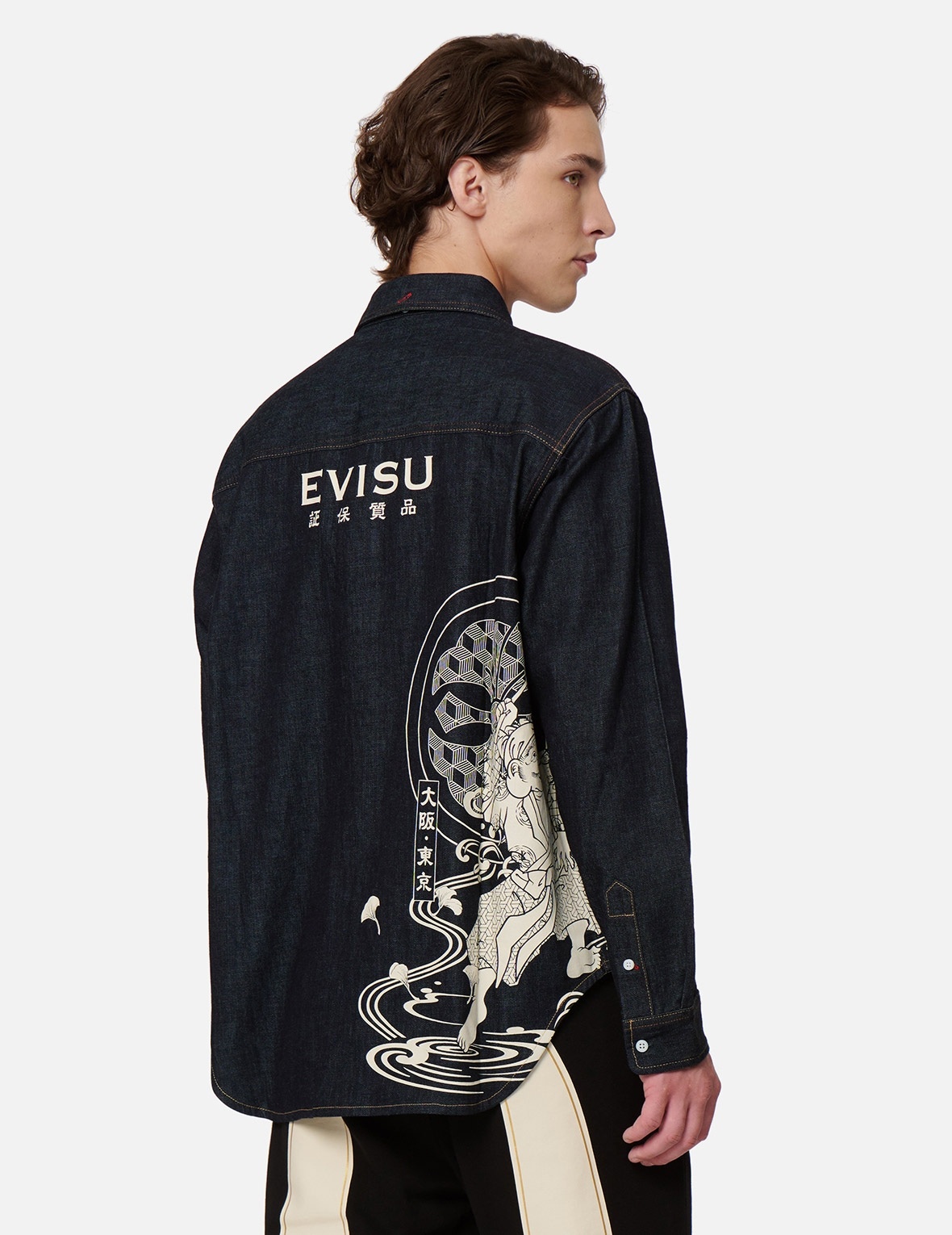 “THE FISHERMAN GOD OF FORTUNE” PRINT DENIM SHIRT - 7