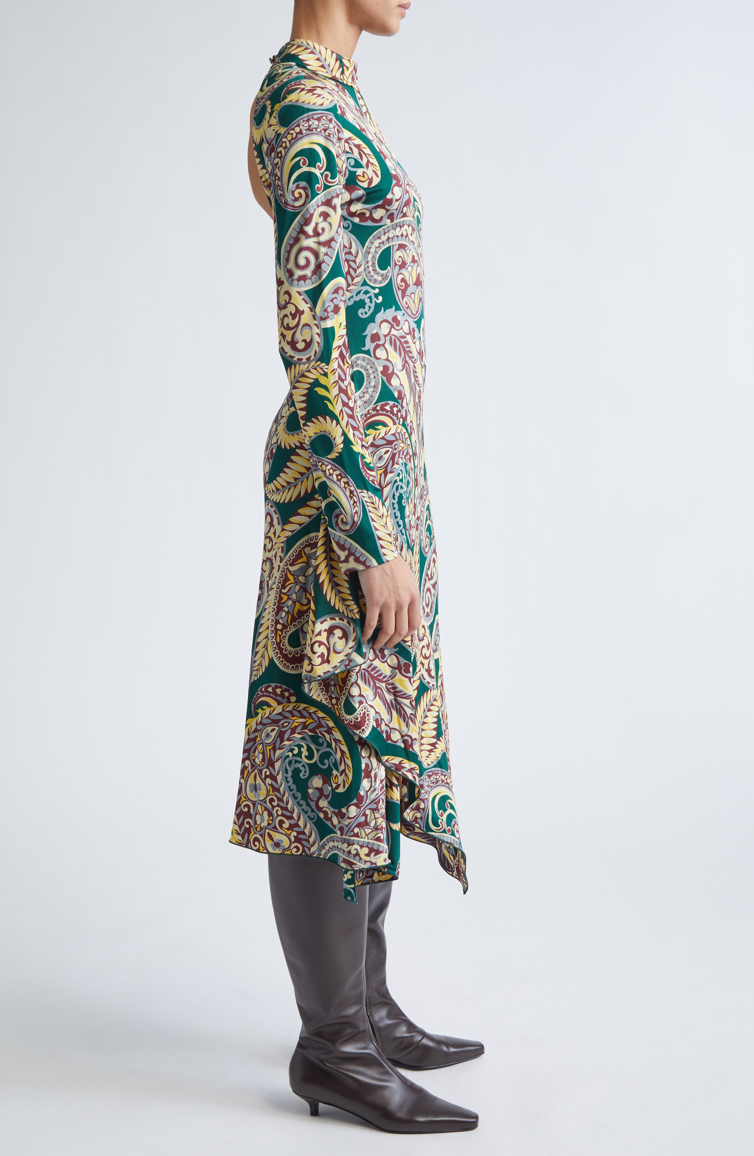 Etro Paisley Long Sleeve Open Back Midi Dress in Stampa Fondo Verde at Nordstrom - 3