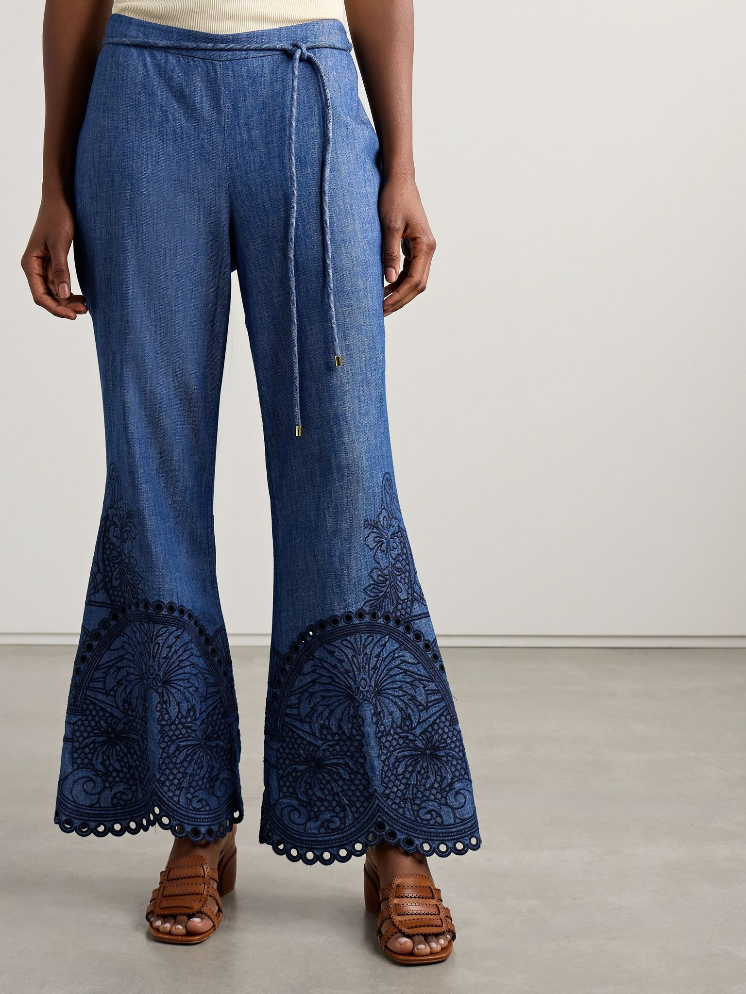 Coco belted embroidered cotton-chambray flared pants Blue - 3