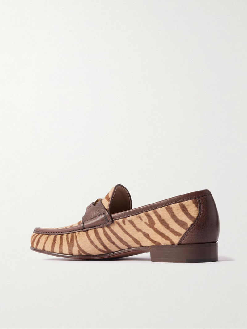 Logo-Embellished Leather-Trimmed Tiger-Print Calf Hair Loafers Brown 4
