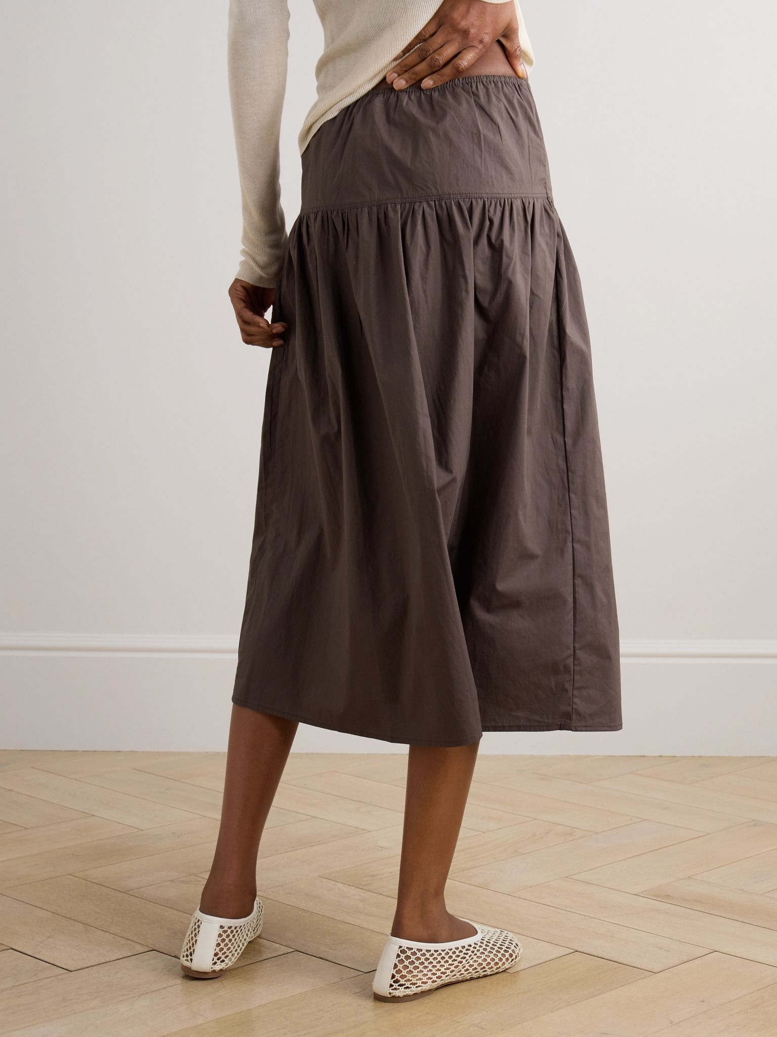 Gathered organic cotton-poplin midi skirt Brown - 4