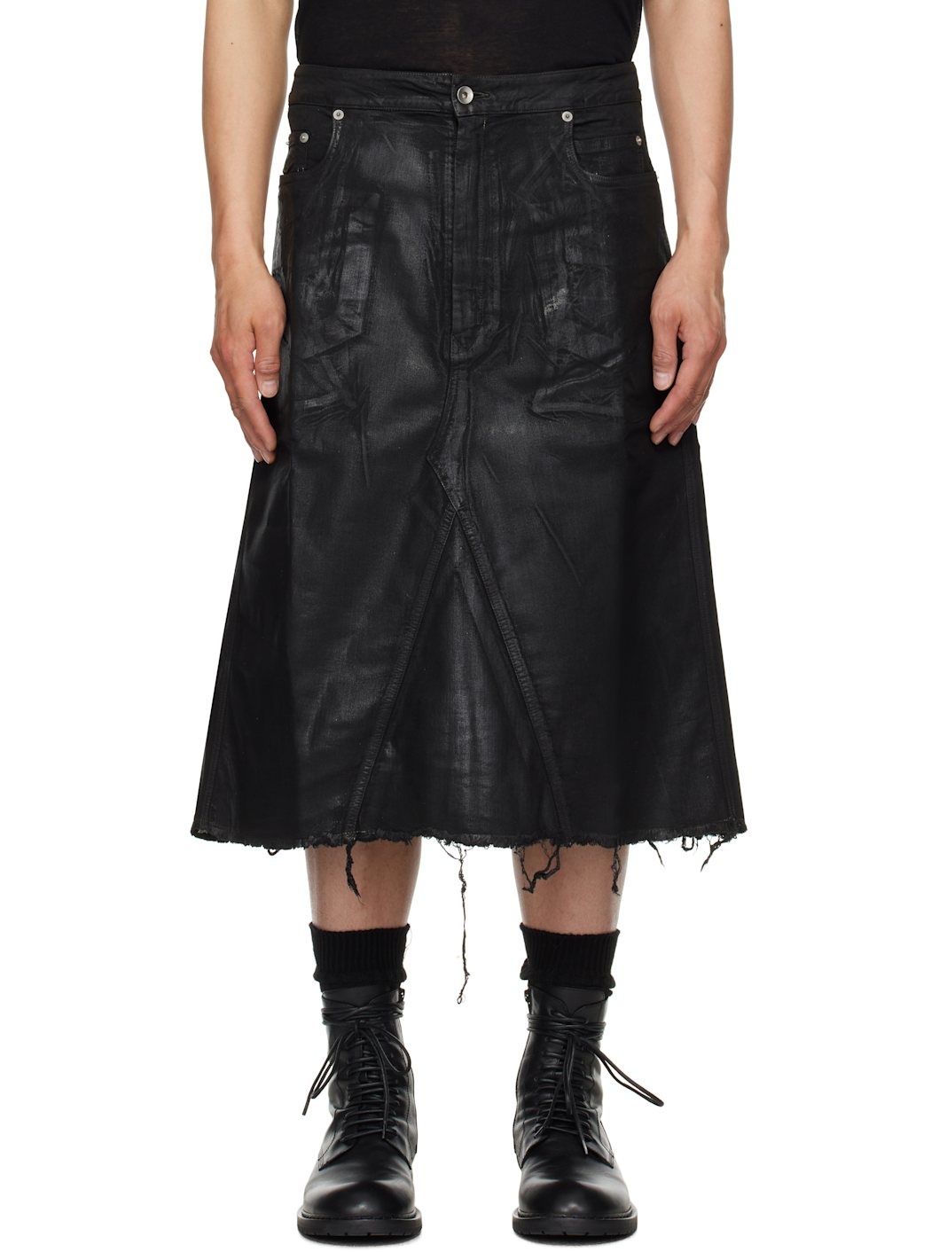 Black Hollywood Godet Denim Midi Skirt - 1