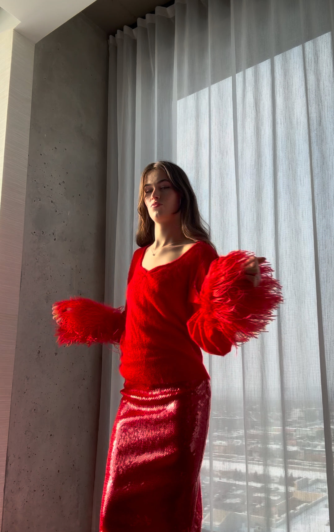 Red Feather Cuff Mohair Sweater - 7