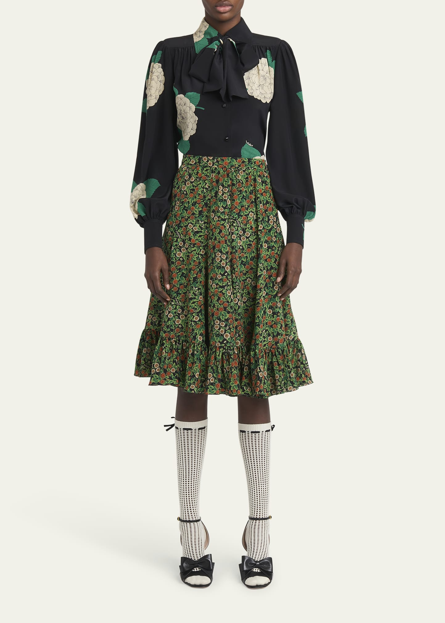 Floral Print Tie-Neck Silk Blouse - 2
