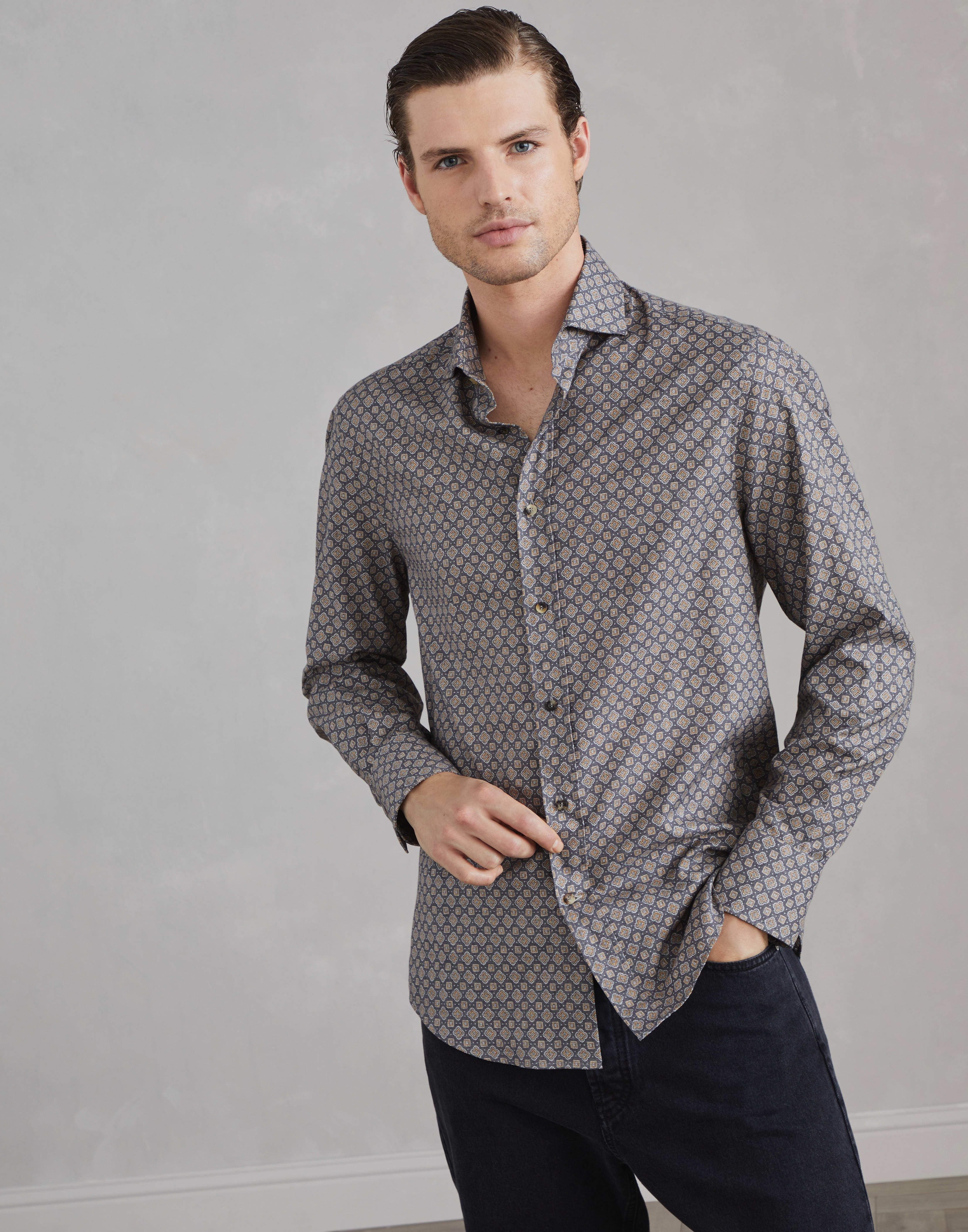 Two-tone geometric print slim fit shirt with spread collar - 1