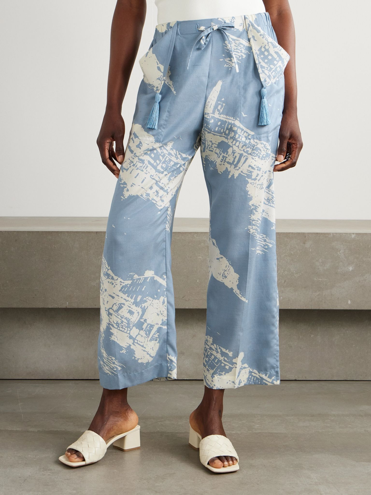 Printed silk and cotton-blend shantung wide-leg pants Blue - 3