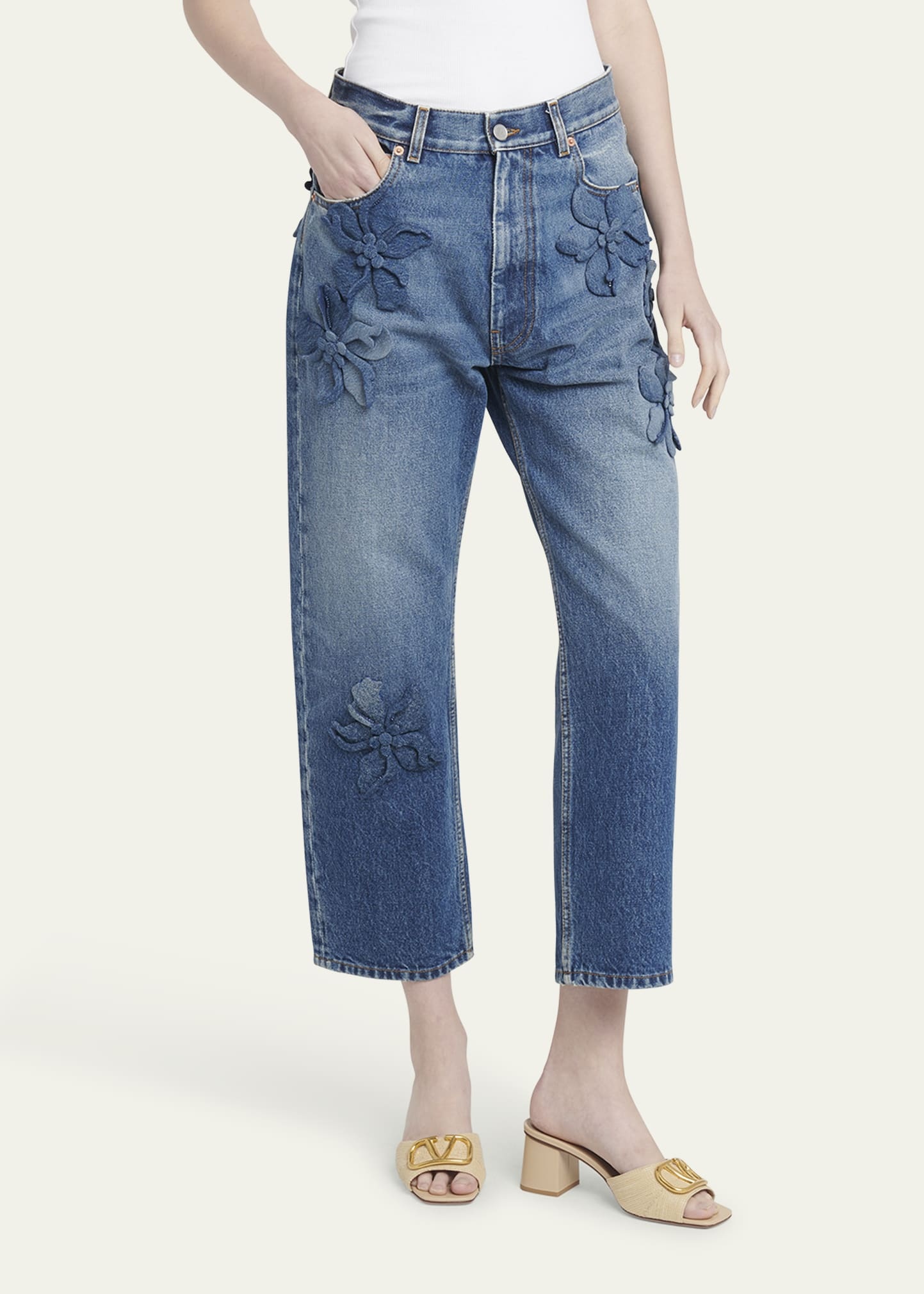 Valentino Cropped Wide-Leg Jeans with Flower Detail