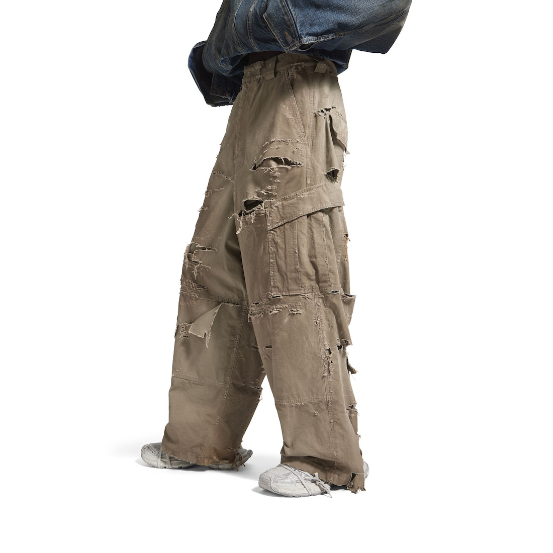 Men's Distressed Large Cargo Pants in Dark Beige - 5