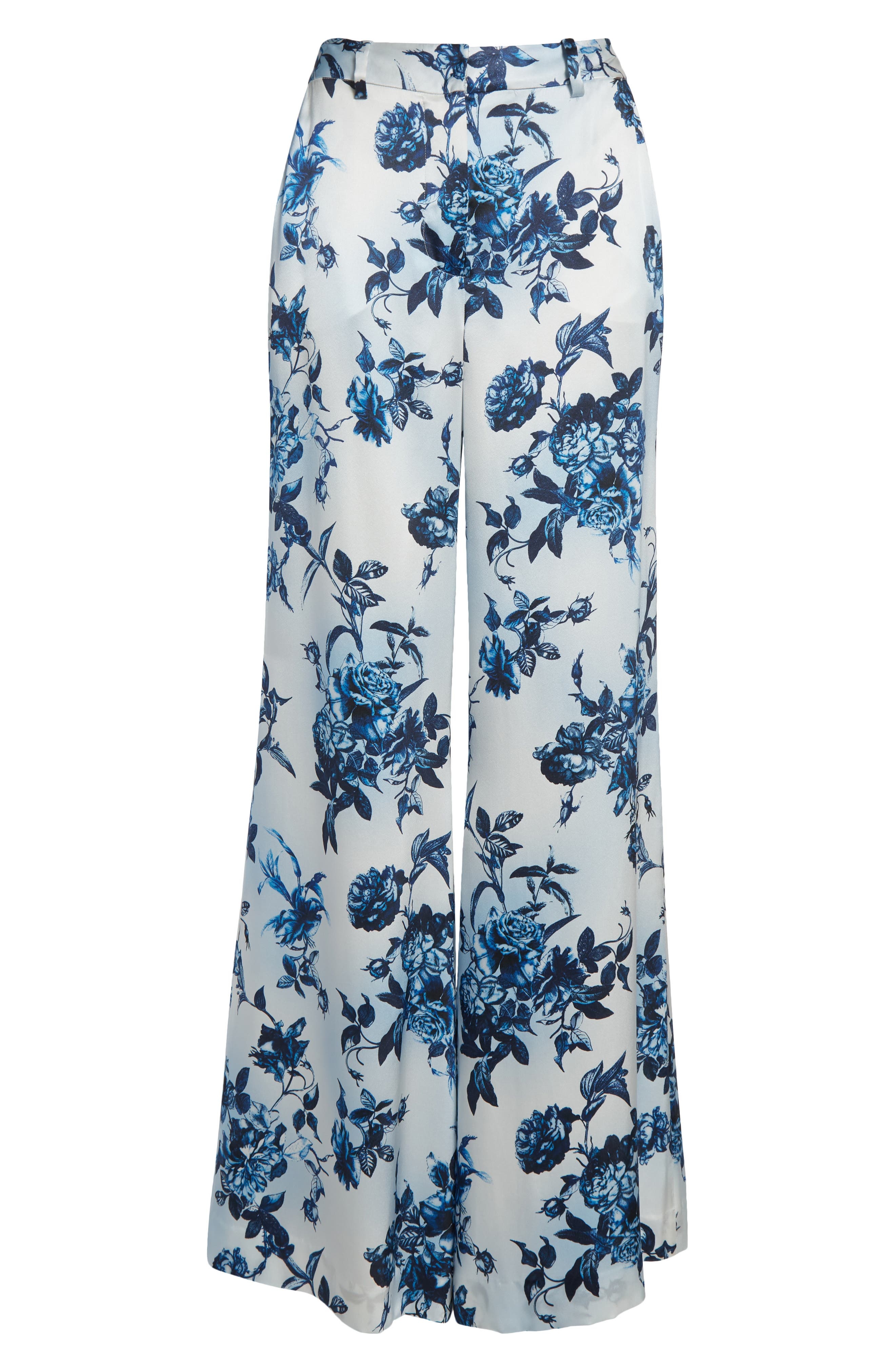 L'AGENCE Pilar Rose Print Wide Leg Silk Pants in White/Blue Painterly Floral at Nordstrom - 5