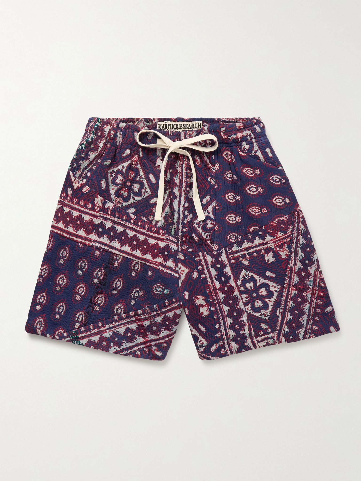 Straight-Leg Patchwork Printed Kantha Cotton Drawstring Shorts Blue - 1