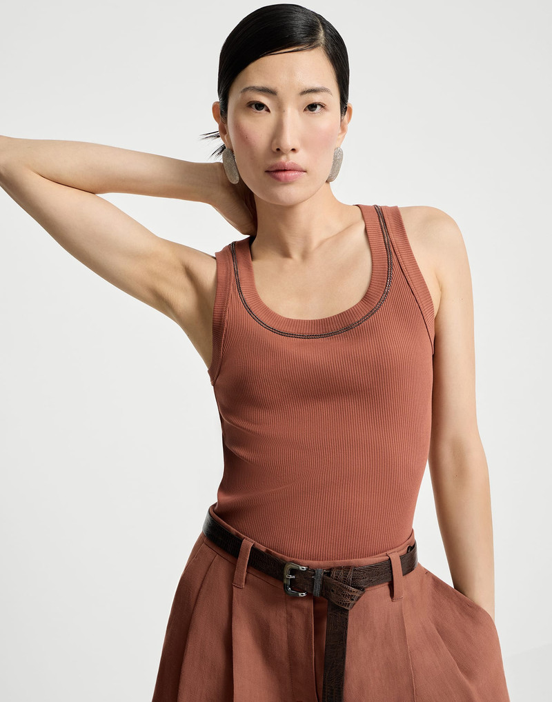 Stretch cotton ribbed jersey top with shiny trim 5