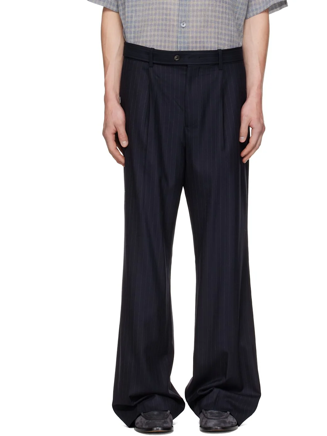 Navy Pinstriped Wool Belted Trousers - 1