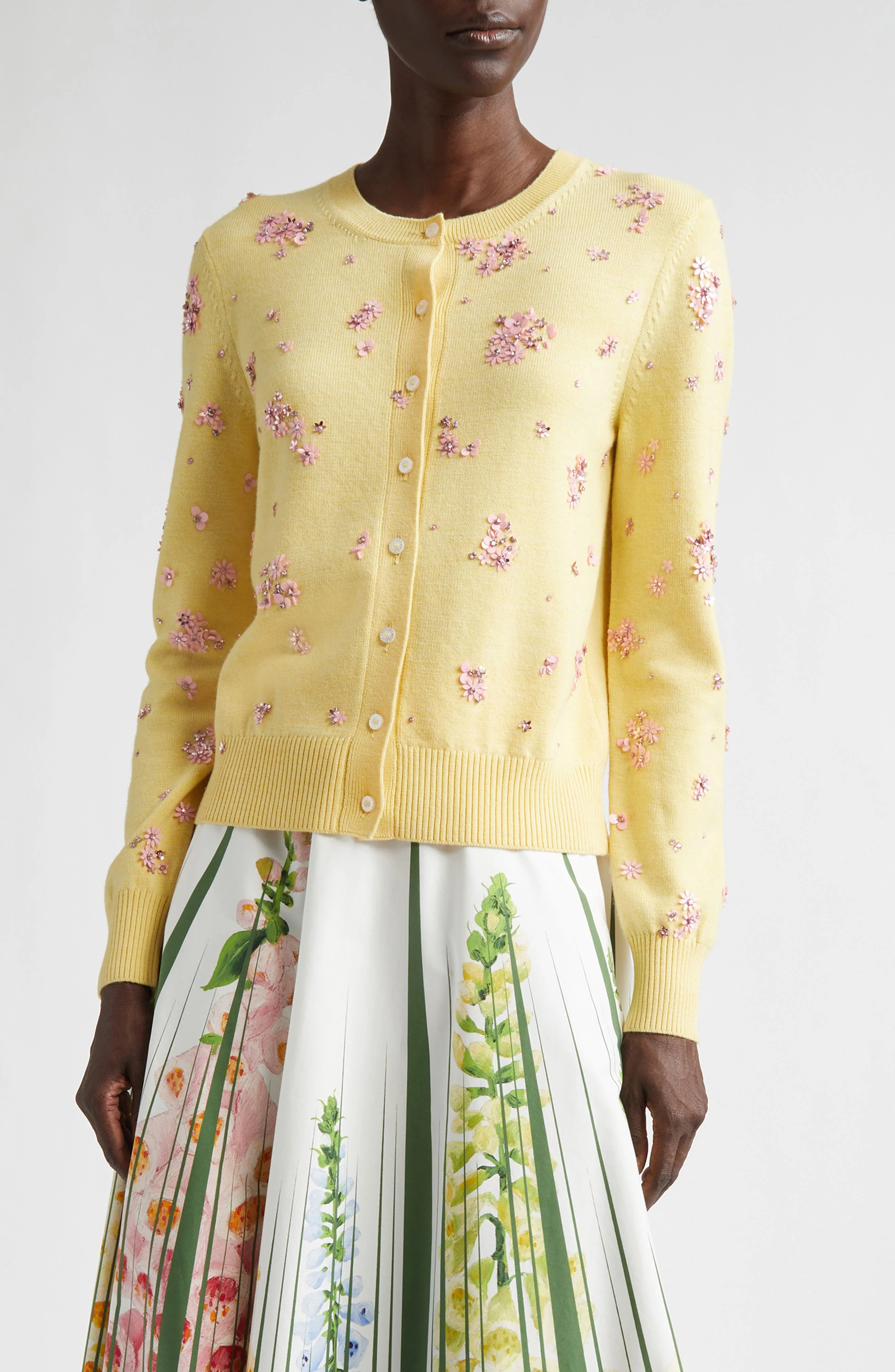 Oscar de la Renta Sequin & Crystal Embroidered Wool Cardigan in Yellow/Pink at Nordstrom - 1