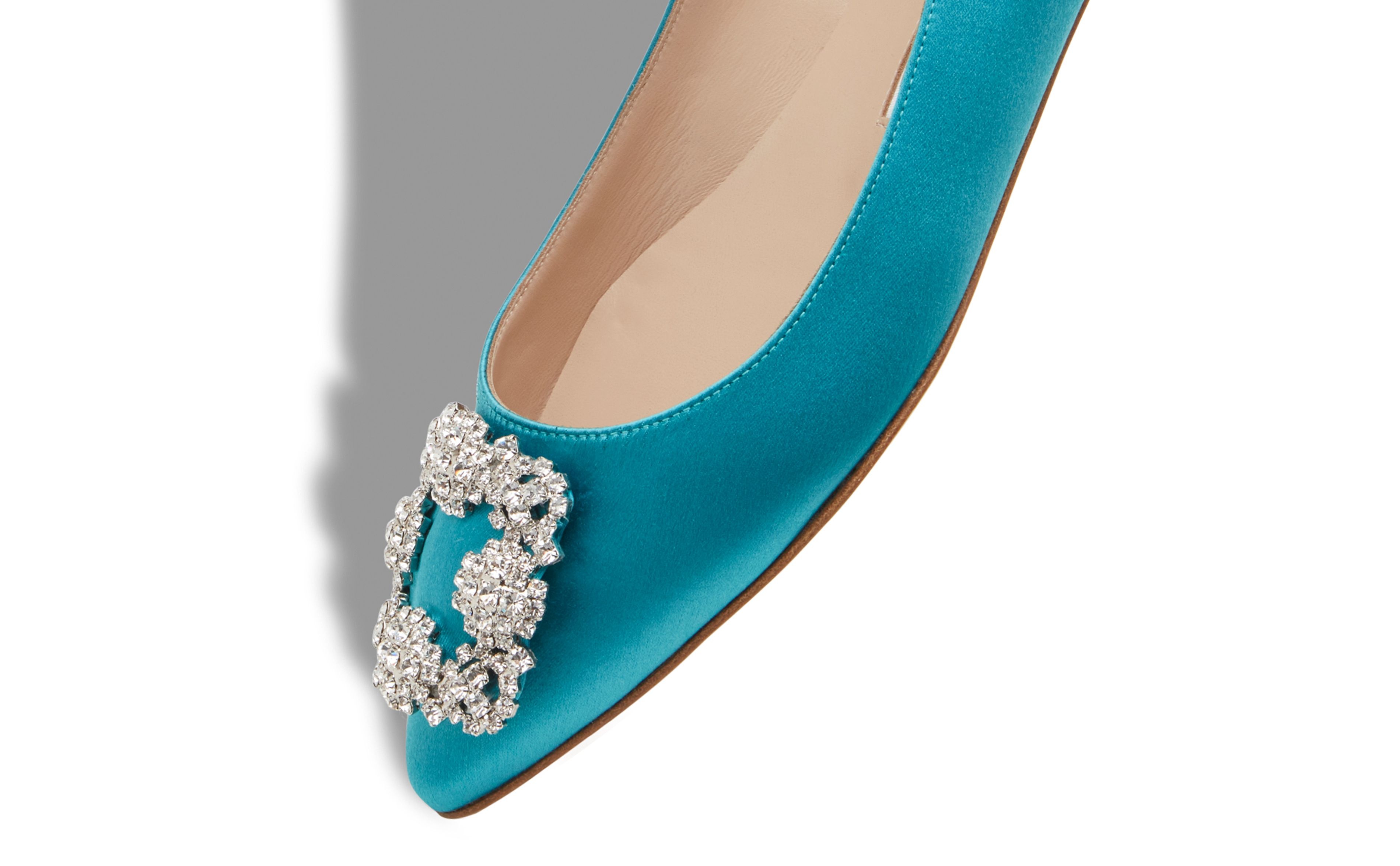 Turquoise Satin Jewel Buckle Flat Shoes - 4