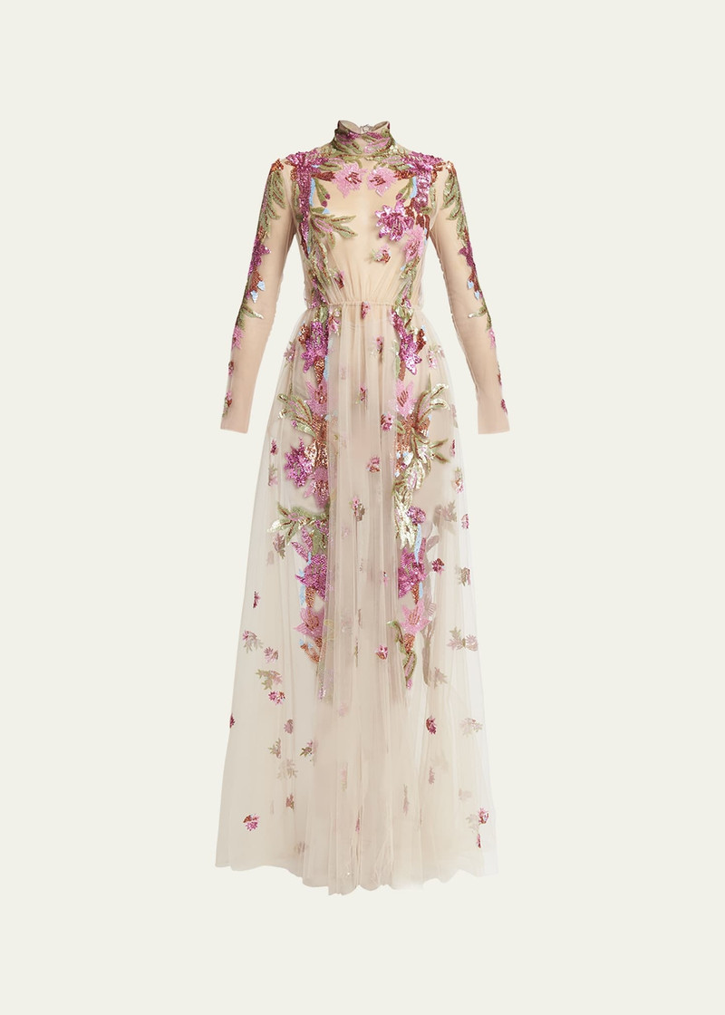 Embroidered Tulle Illusion Gown with Floral Details 1