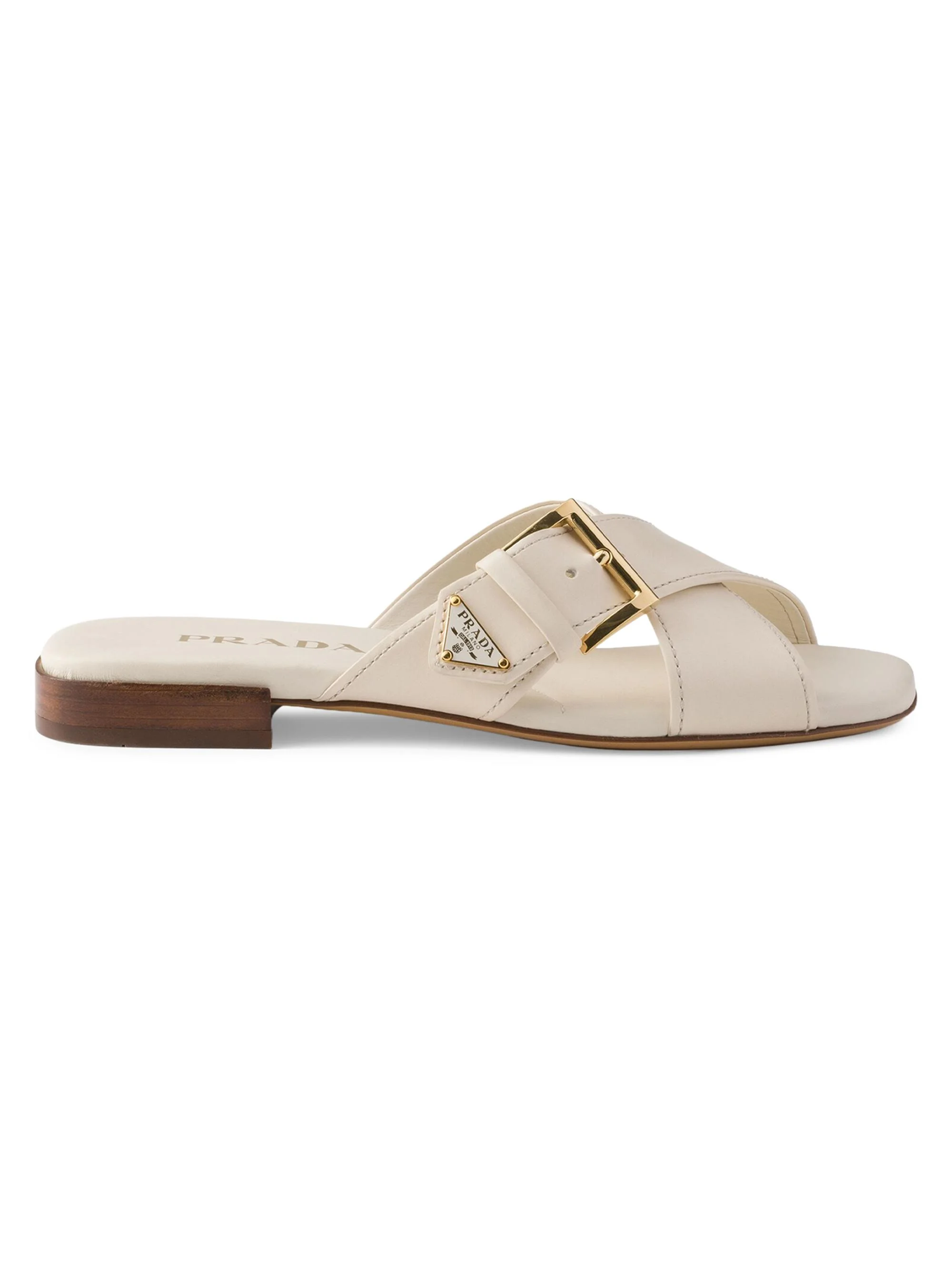 Women's Leather Crisscross Slides with Buckle - Beige Khaki - 1