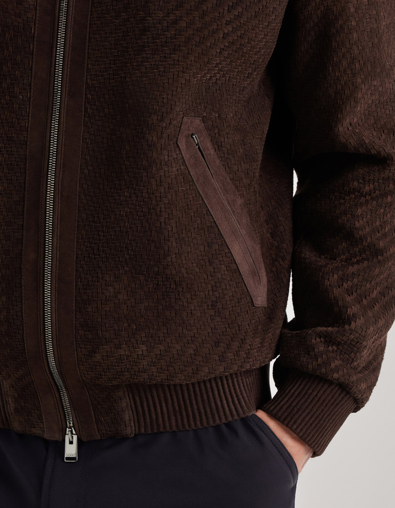 CARAMEL MIXED-MATERIAL ULTRALIGHT SUEDE BOMBER JACKET WITH KNIT INSERTS 61