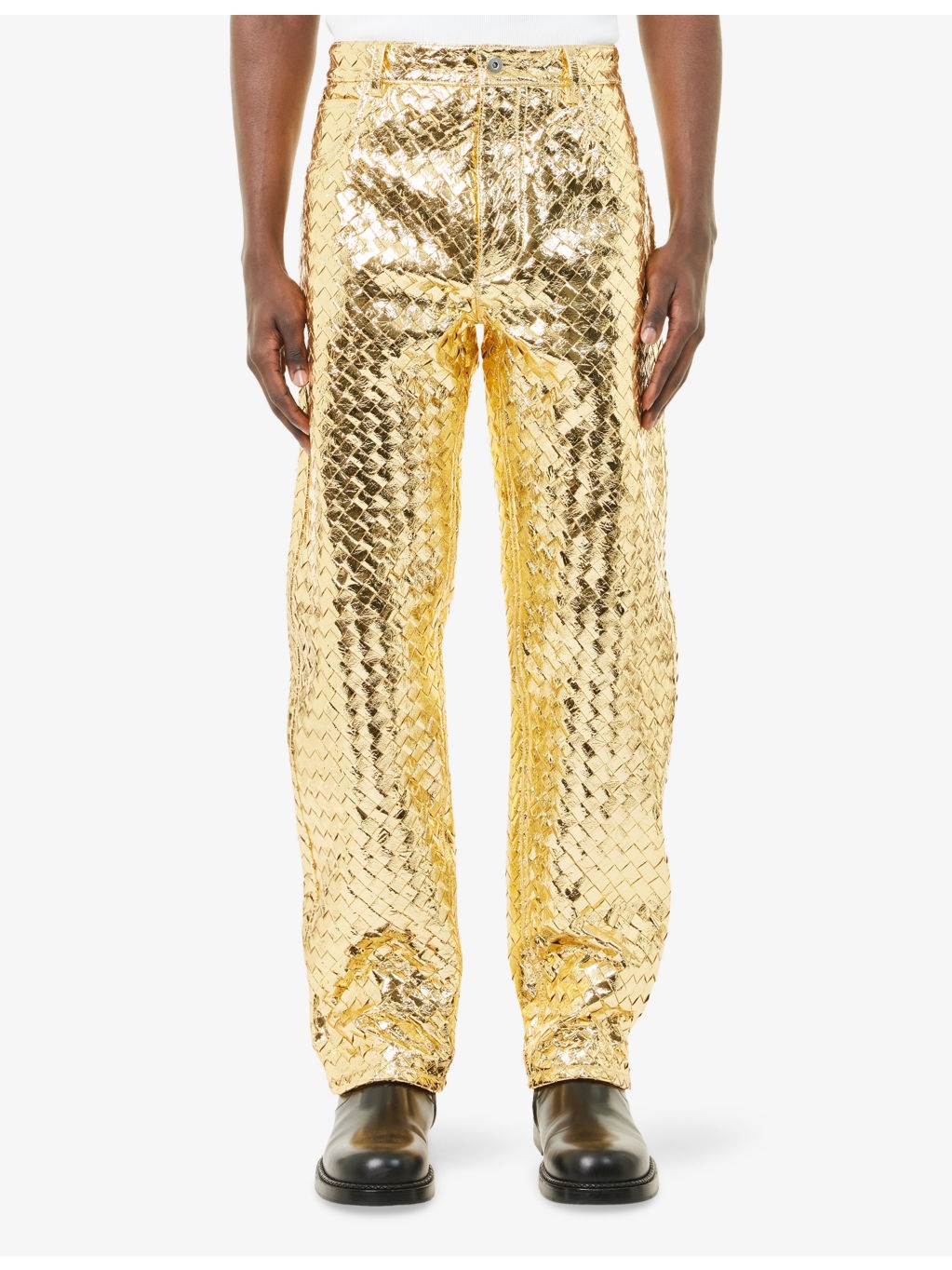 Intrecciato-Weave Straight-Leg Laminated-Leather Trousers - 3