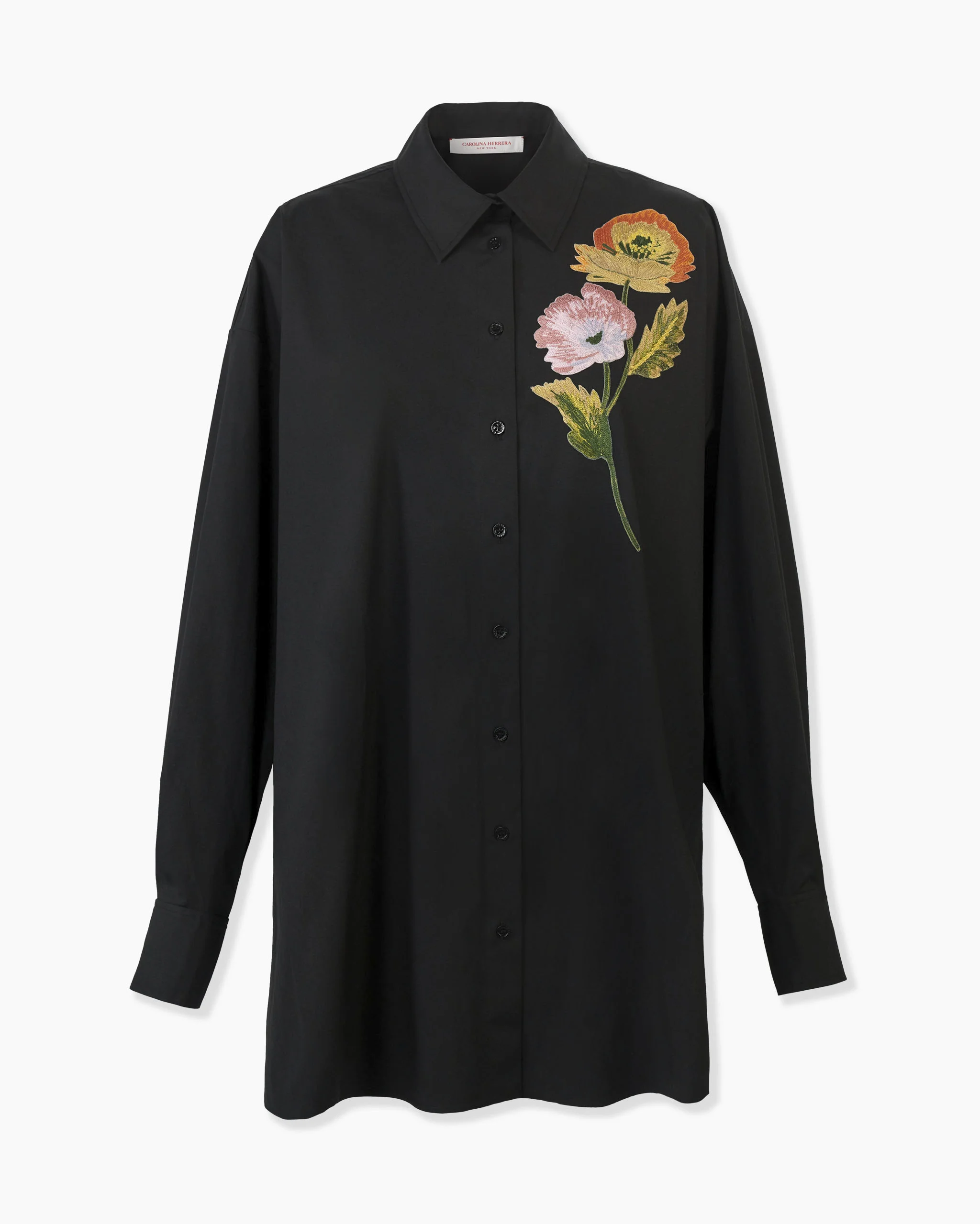 Floral-Embroidered Oversized Tie-Front Shirt - 1