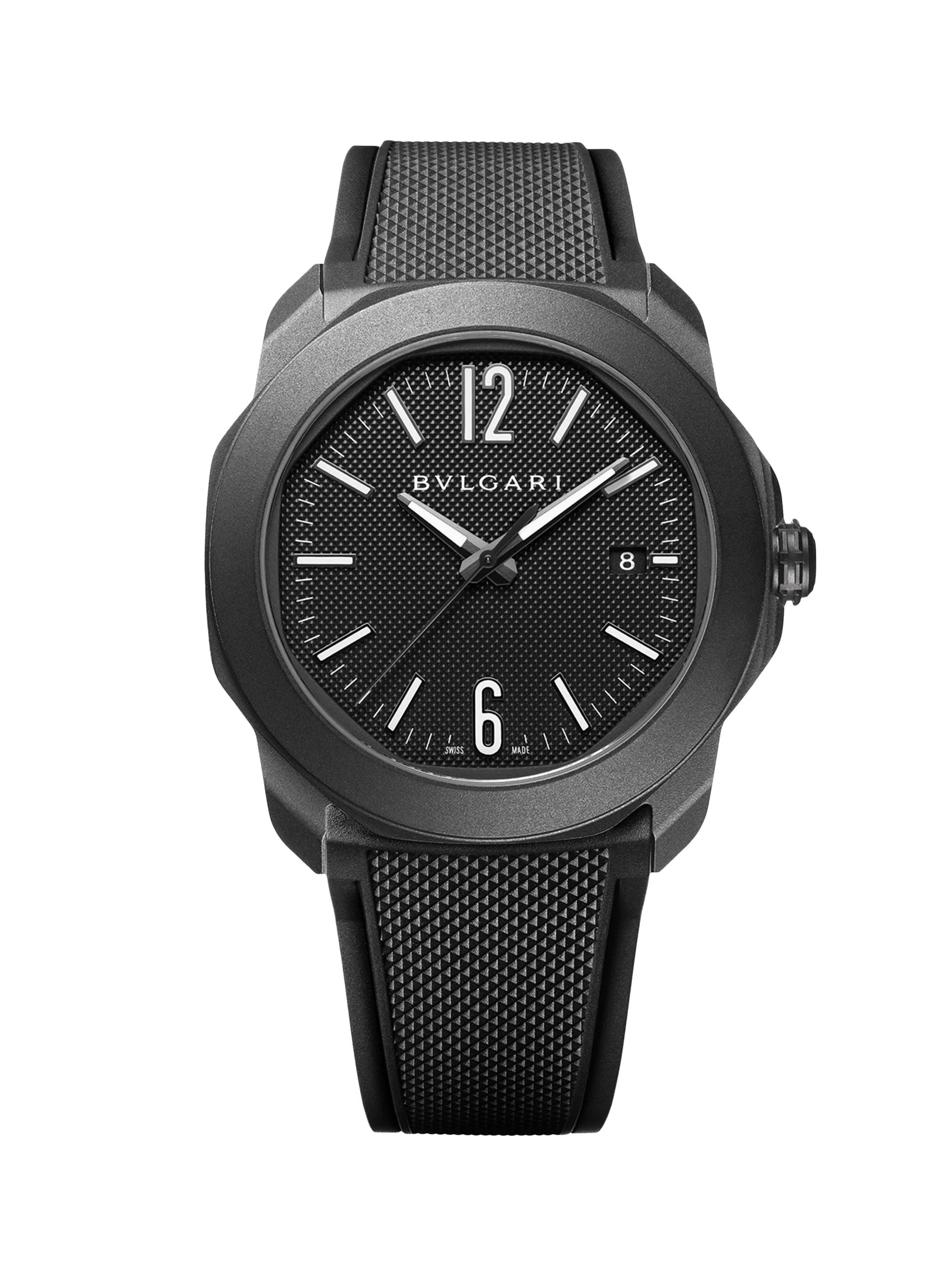 Men's Octo Roma Black Stainless Steel, Rubber & Alligator Leather Strap Watch/41MM - Black - 1