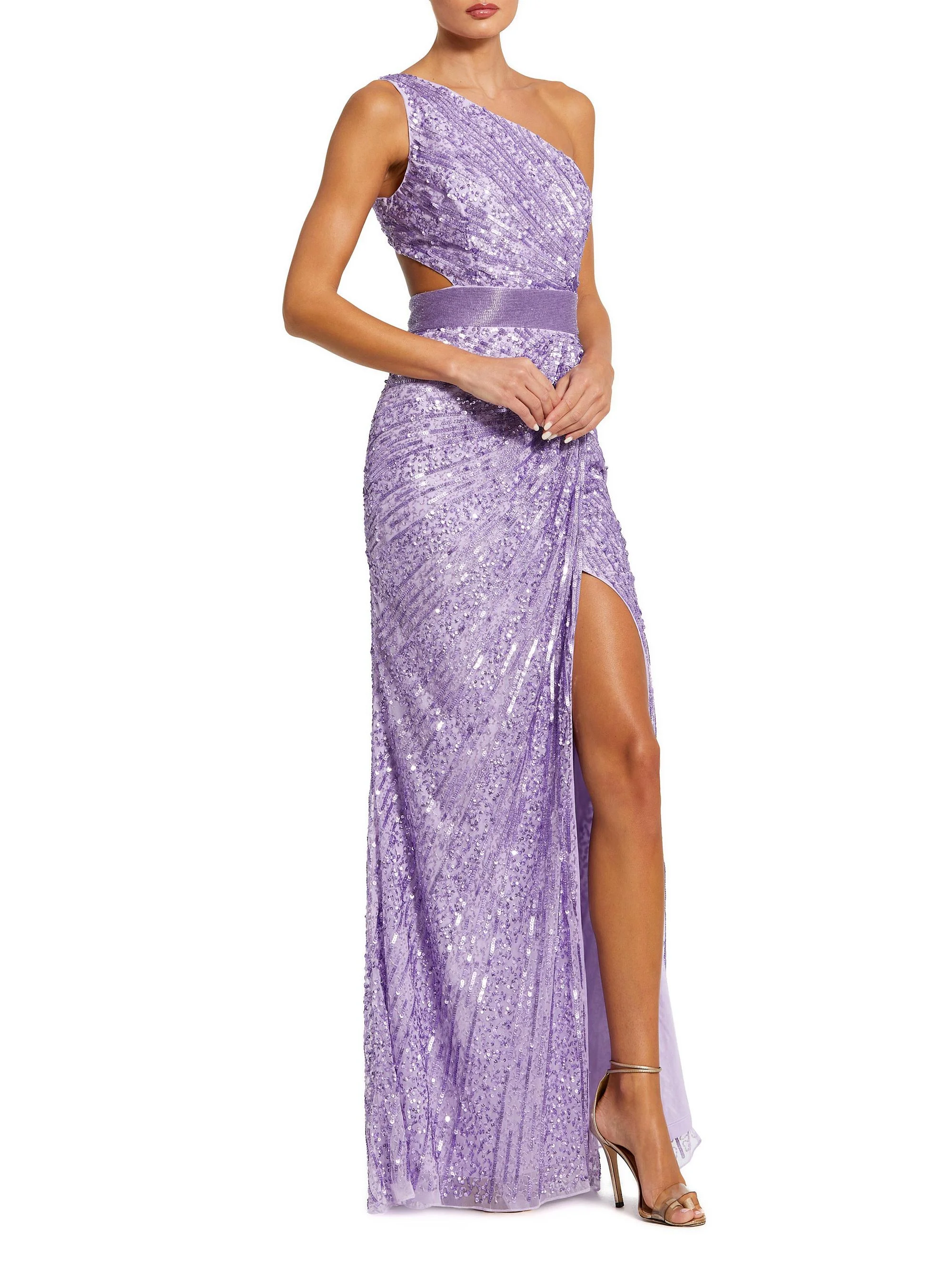 Women's Sequined One-Shoulder Lace-Up Gown - Lilac - 1