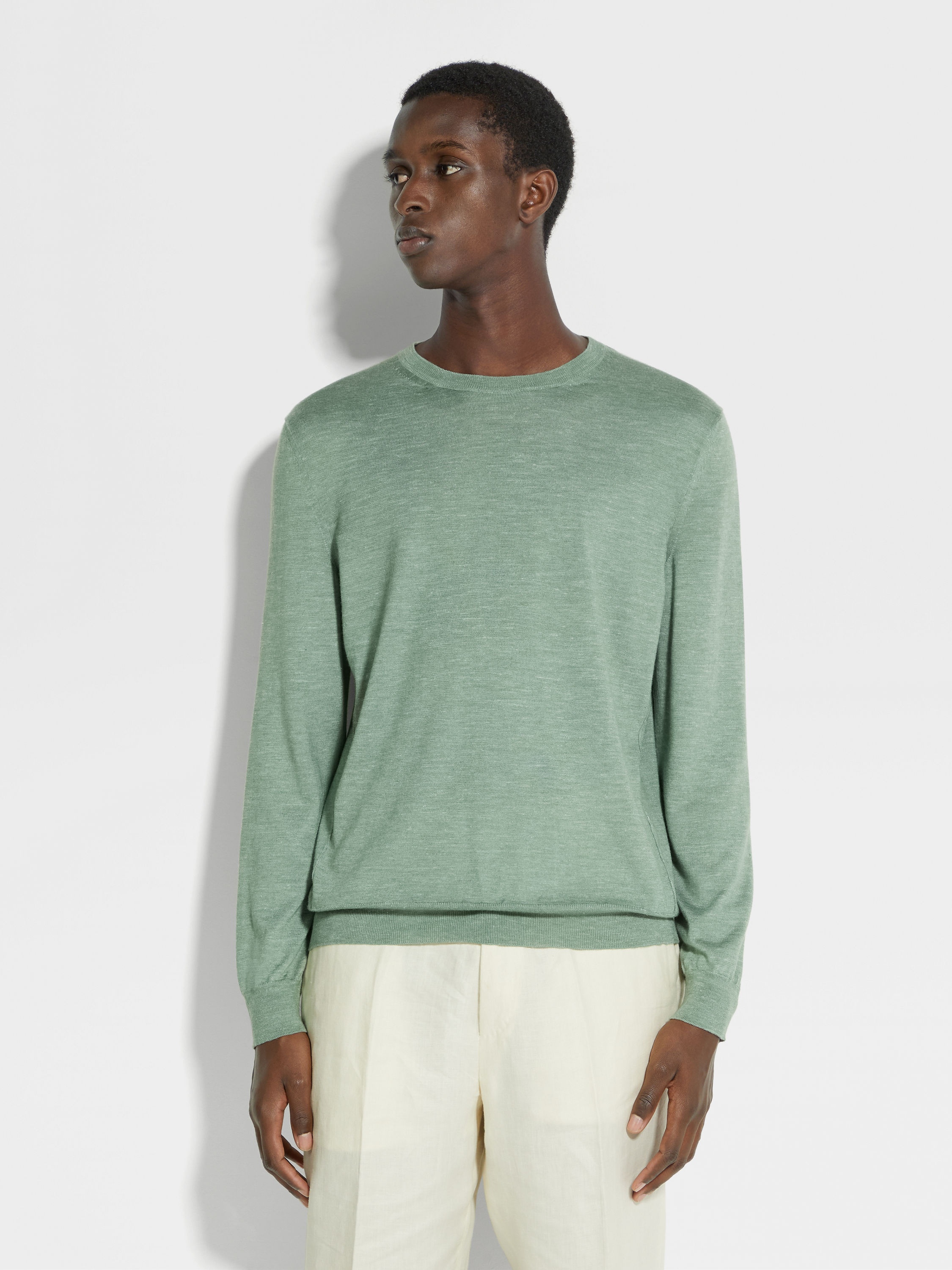 SAGE GREEN MÉLANGE SILK CASHMERE AND LINEN CREWNECK - 4