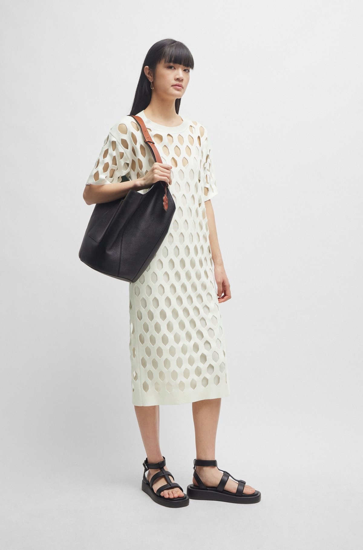 OPEN-STRUCTURED DRESS WITH INNER SLIP AND SHORT SLEEVES - 3